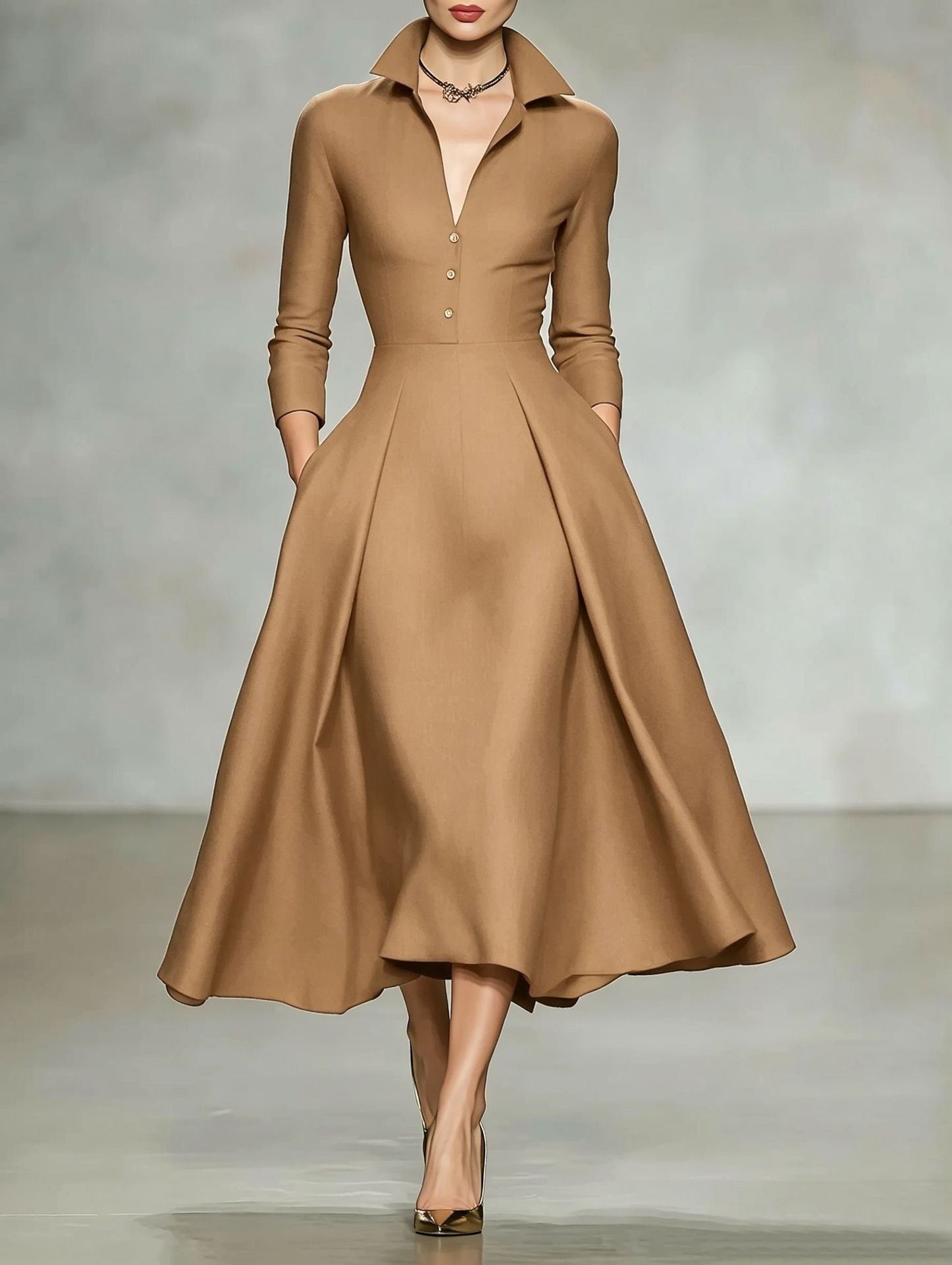 V-neck waist-cinching long sleeve midi dress by FitiqueFit, showcasing a fitted silhouette and elegant design in a stylish dress image.