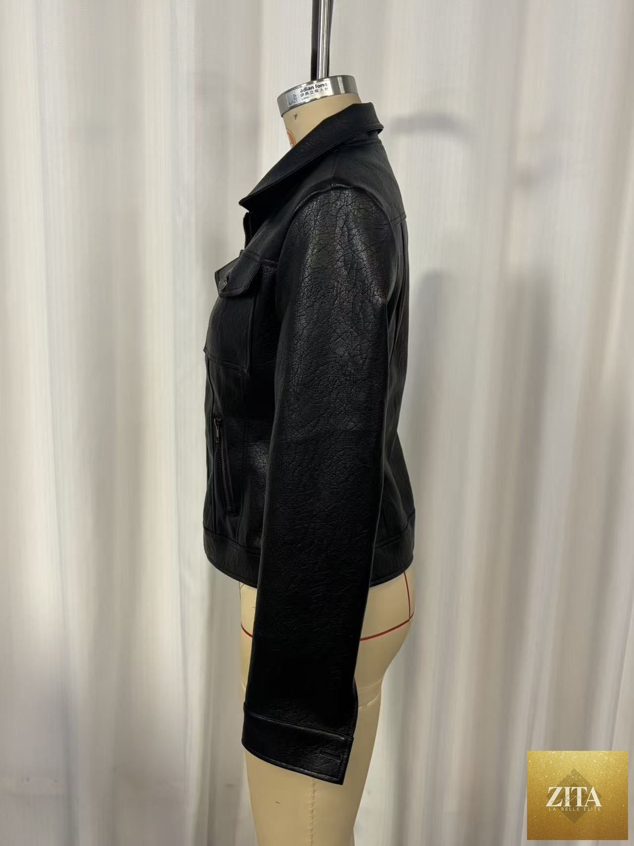 Vintage washed black PU leather biker jacket by FitiqueFit, slim fit moto style with front zip and classic biker design.