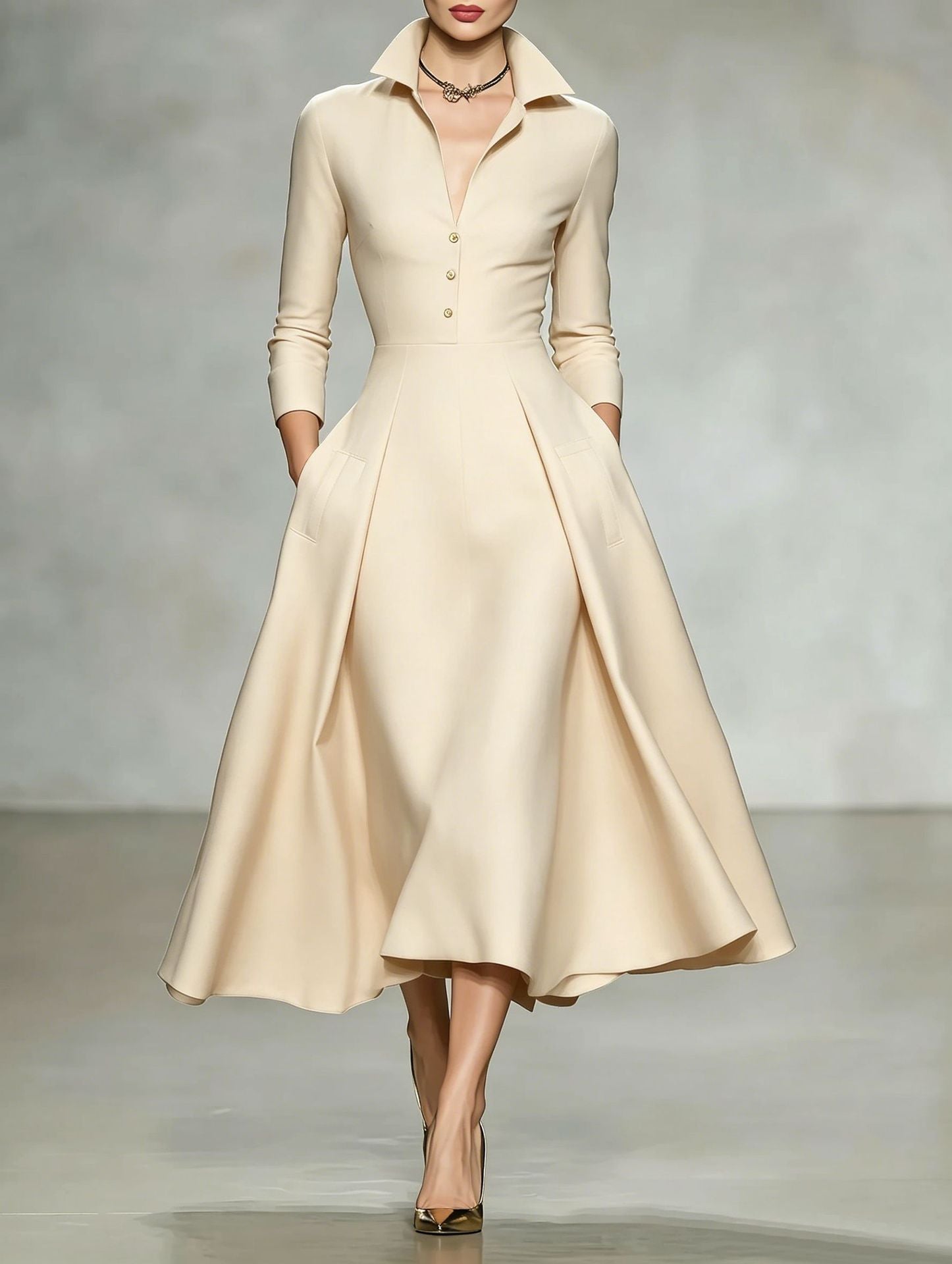 V-neck waist-cinching long sleeve midi dress by FitiqueFit, shown in a sleek design with a fitted waist and elegant silhouette.