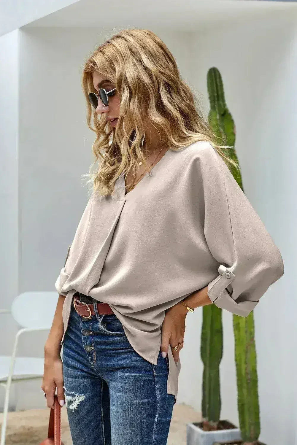 Elegant Apricot V Neck 3/4 Sleeve High Low Hem Shirt