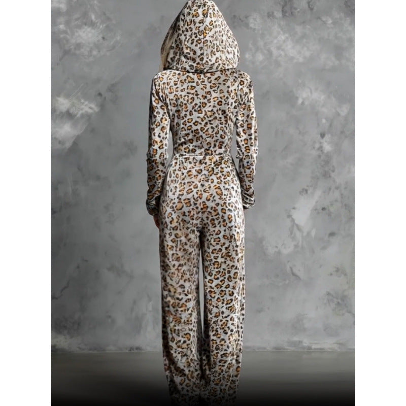 Leopard print petal sleeve hooded wide-leg jumpsuit by FitiqueFit, featuring flowy wide legs and stylish petal sleeves.