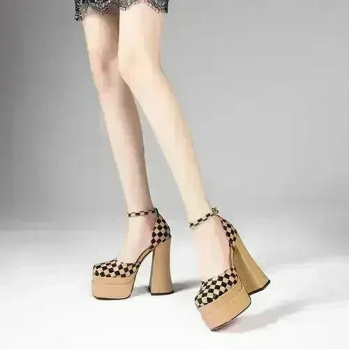 Femstylo leather super heels with colorblock platform and chunky heels, stylish high footwear for formal occasions