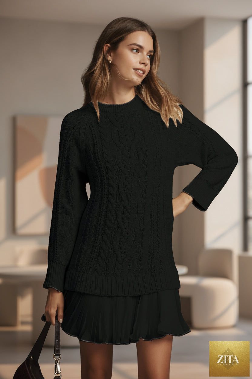 Oversized FitiqueFit cable knit sweater with round neck, soft textured knit, in a cozy, stylish pullover design.