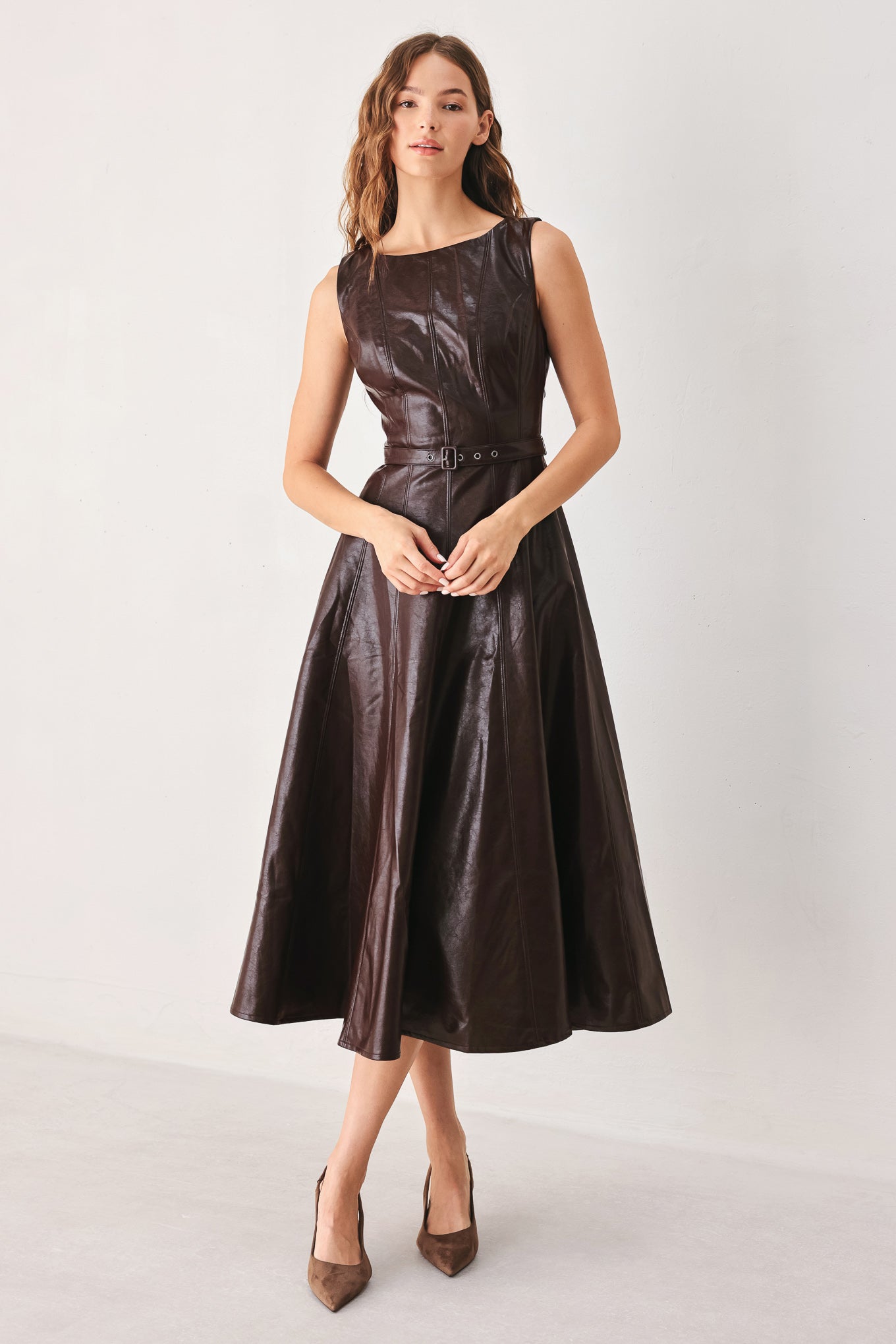 Dark brown faux leather midi dress by Flying Tomato, stylish and fitted with a sleek silhouette and subtle detailing.