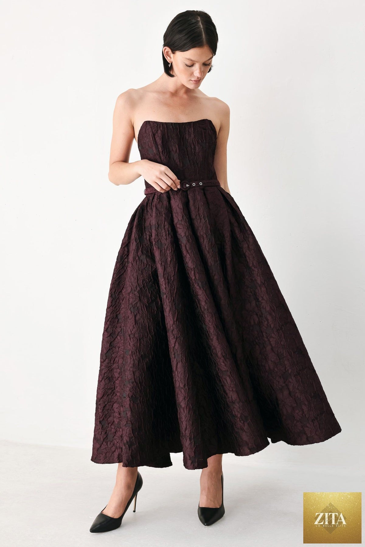 BURGUNDY COUTURE SWAY WOVEN MIDI DRESS
