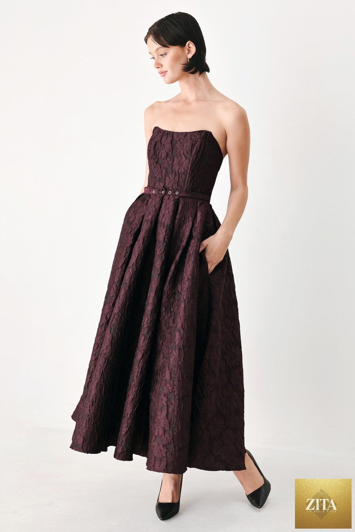 BURGUNDY COUTURE SWAY WOVEN MIDI DRESS