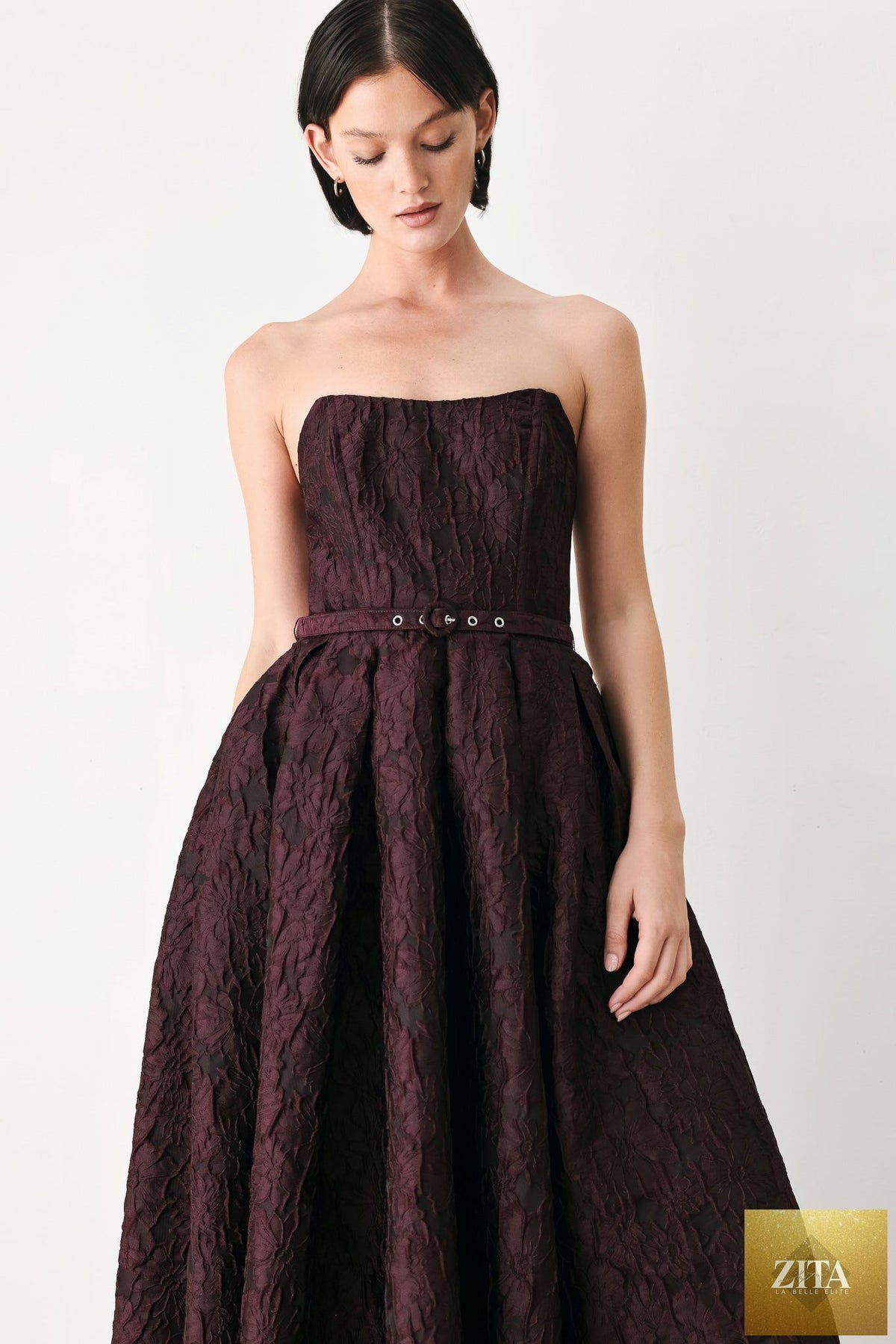 BURGUNDY COUTURE SWAY WOVEN MIDI DRESS