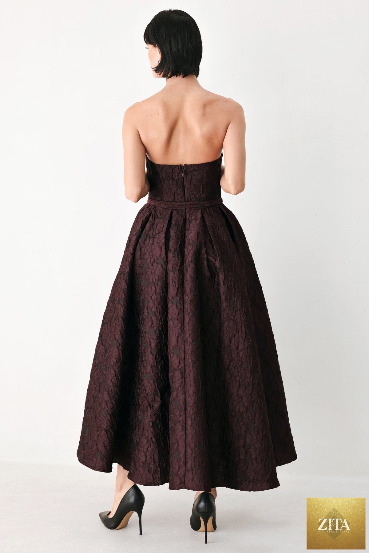 BURGUNDY COUTURE SWAY WOVEN MIDI DRESS
