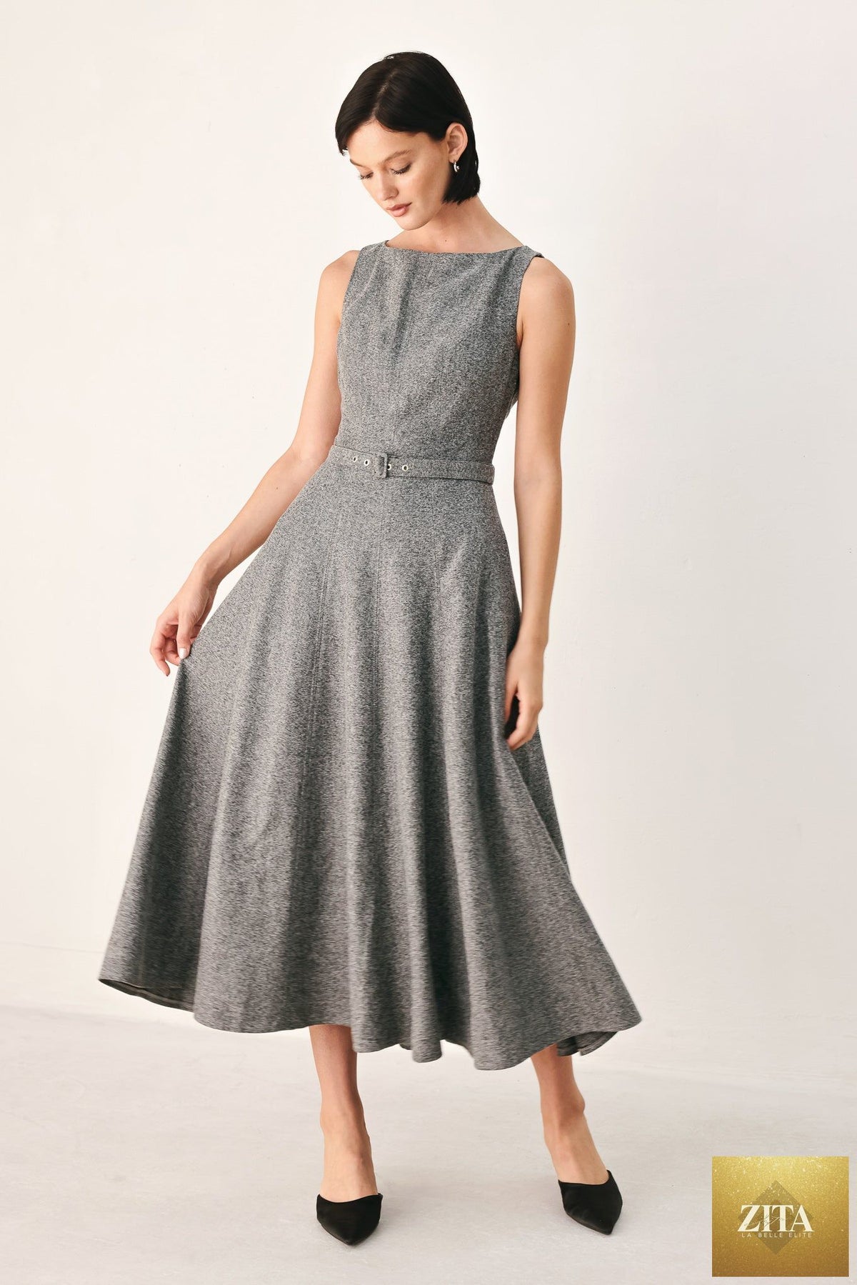 SILVER LINING BELTED A-LINE MIDI DRESS