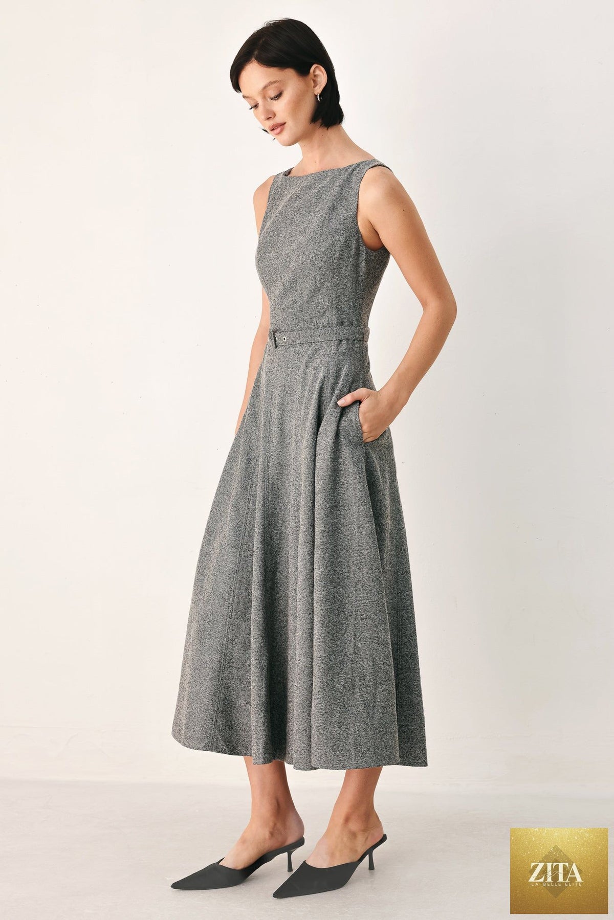 SILVER LINING BELTED A-LINE MIDI DRESS
