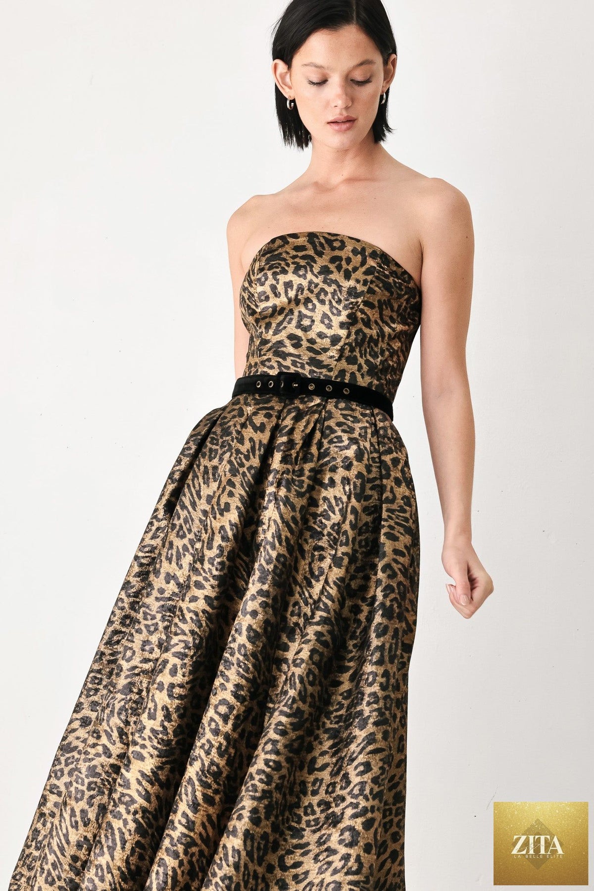 WILDLY GOLDEN LEOPARD STRAPLESS MIDI DRESS