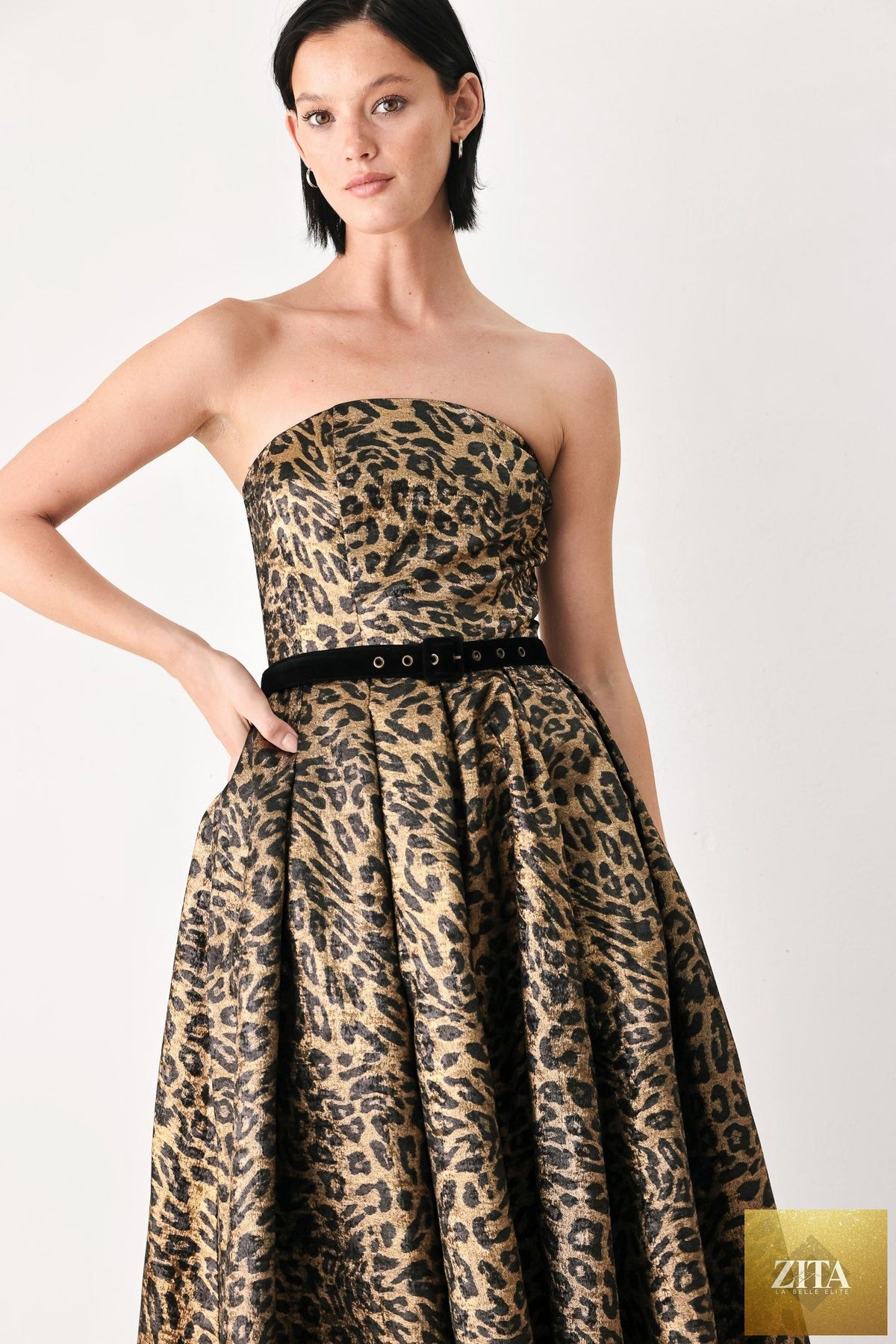 WILDLY GOLDEN LEOPARD STRAPLESS MIDI DRESS