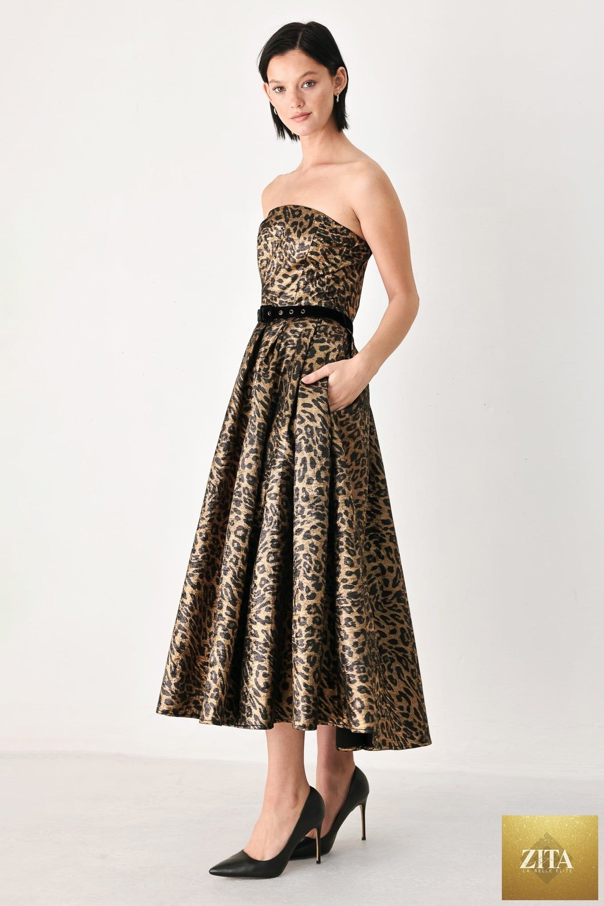 WILDLY GOLDEN LEOPARD STRAPLESS MIDI DRESS