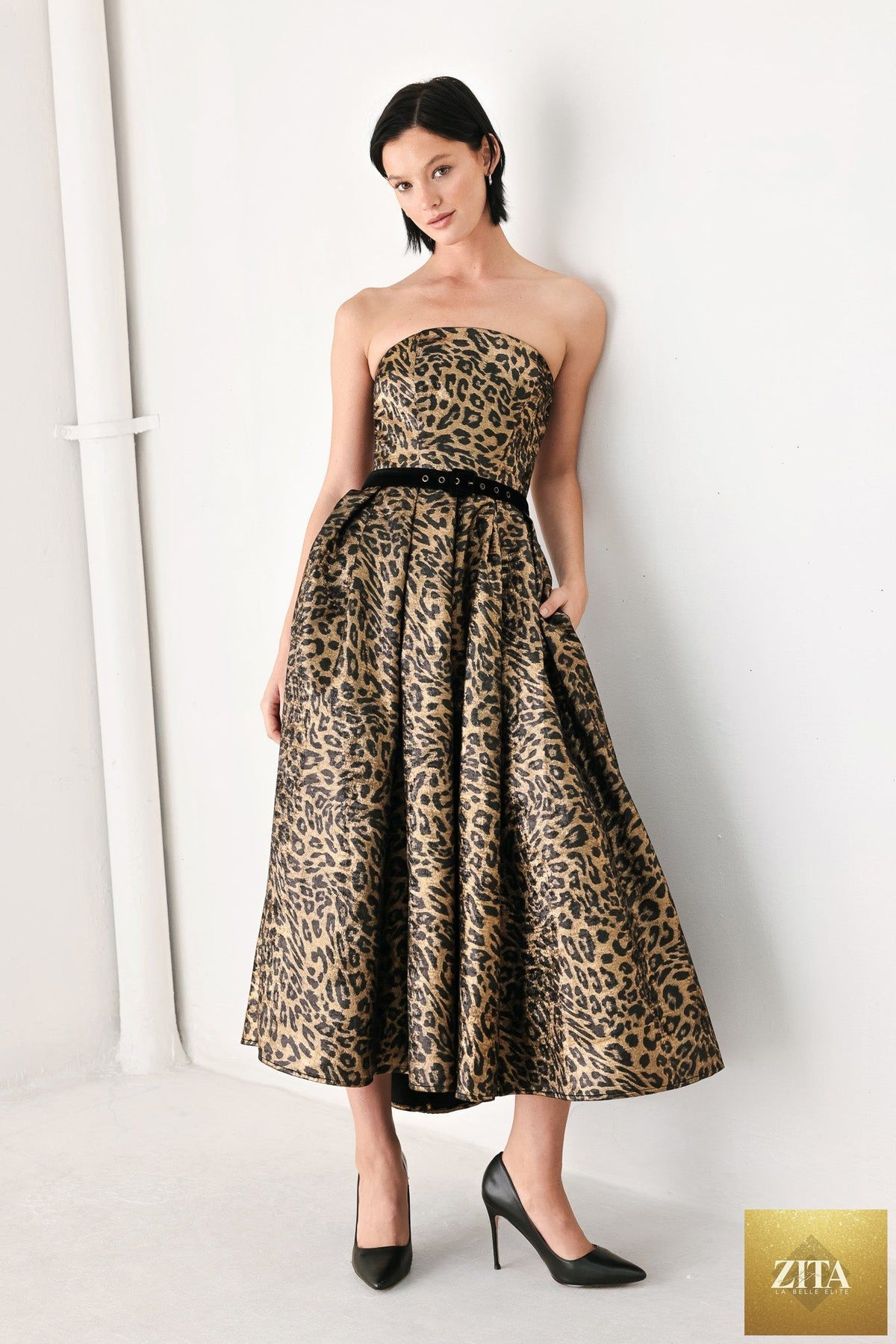 WILDLY GOLDEN LEOPARD STRAPLESS MIDI DRESS