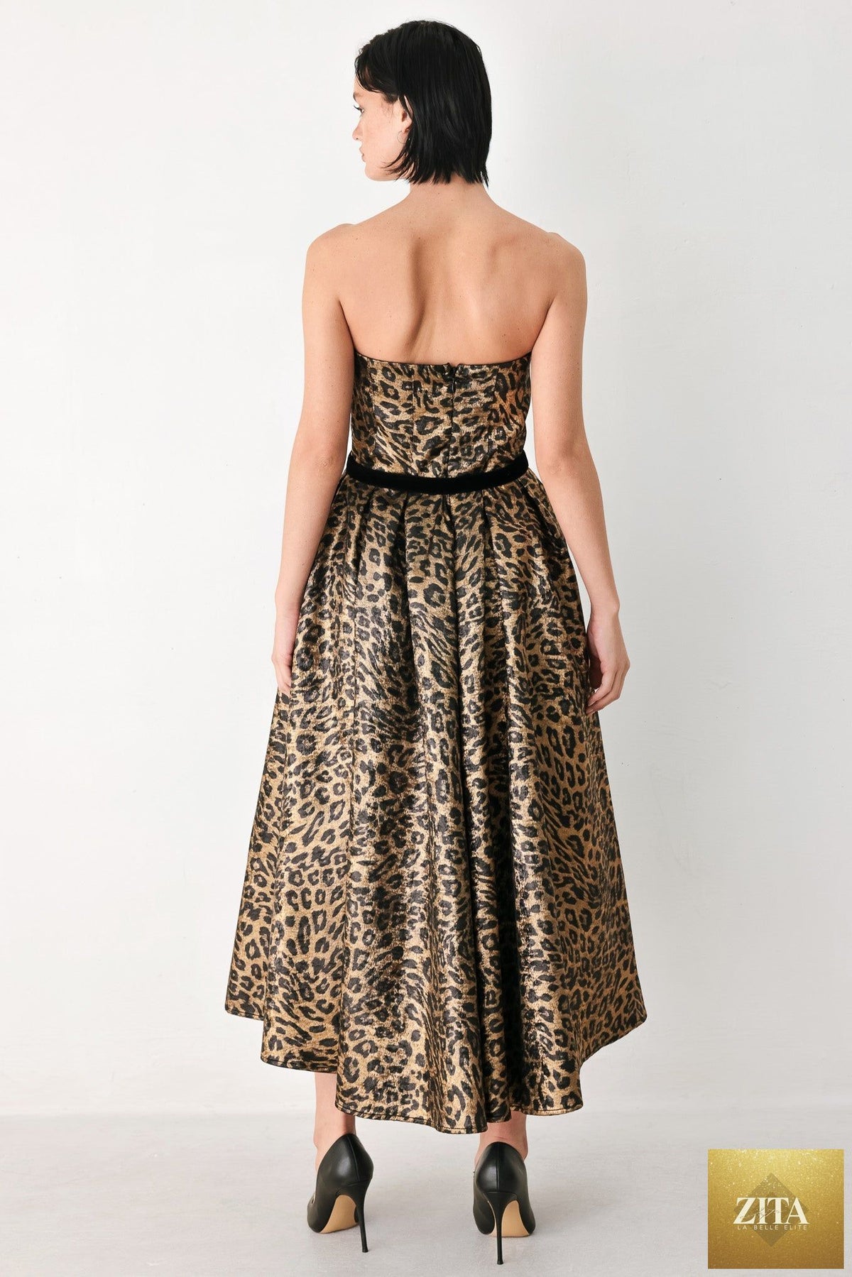 WILDLY GOLDEN LEOPARD STRAPLESS MIDI DRESS