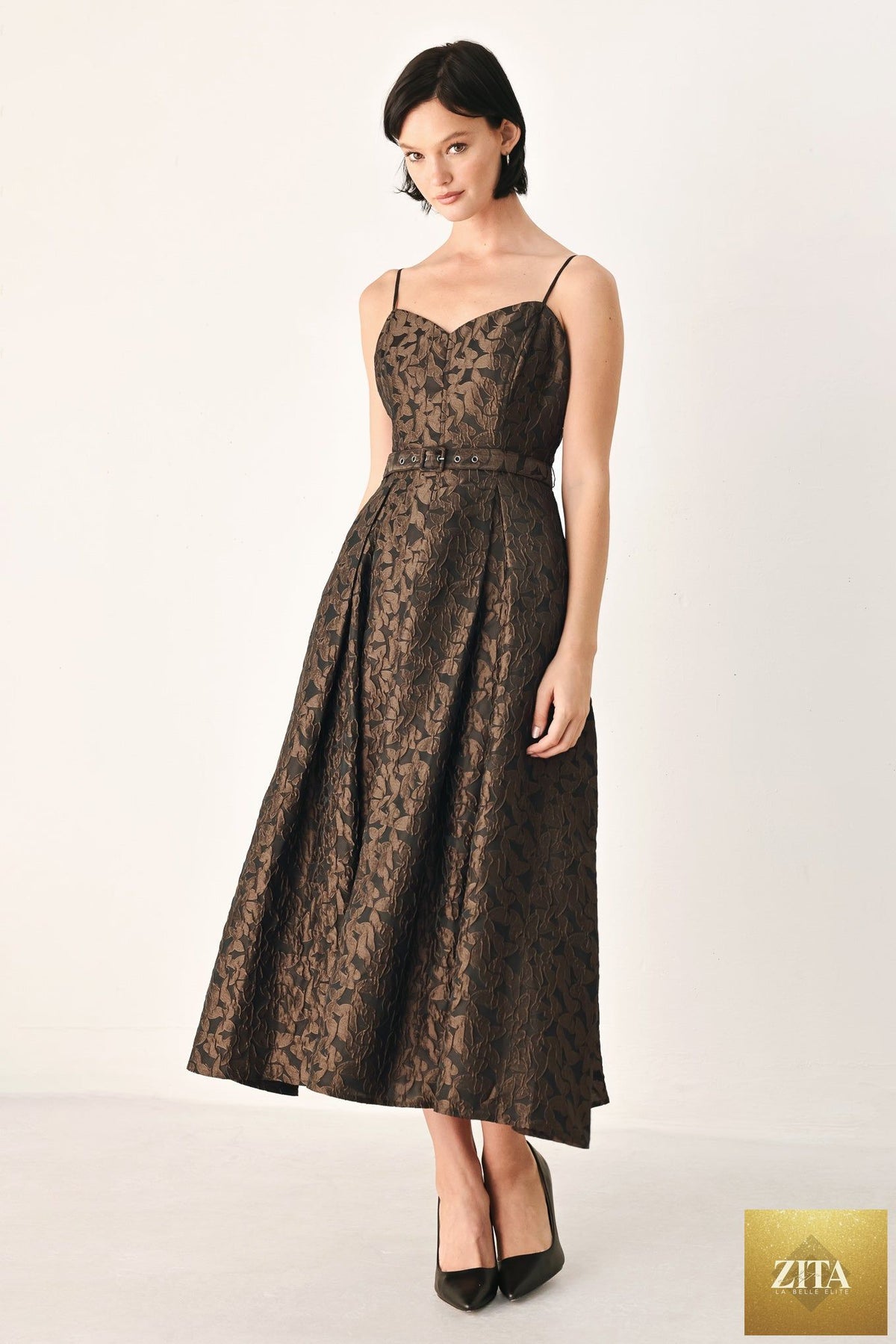 GOLDEN HOUR ROMANCE JACQUARD MIDI DRESS