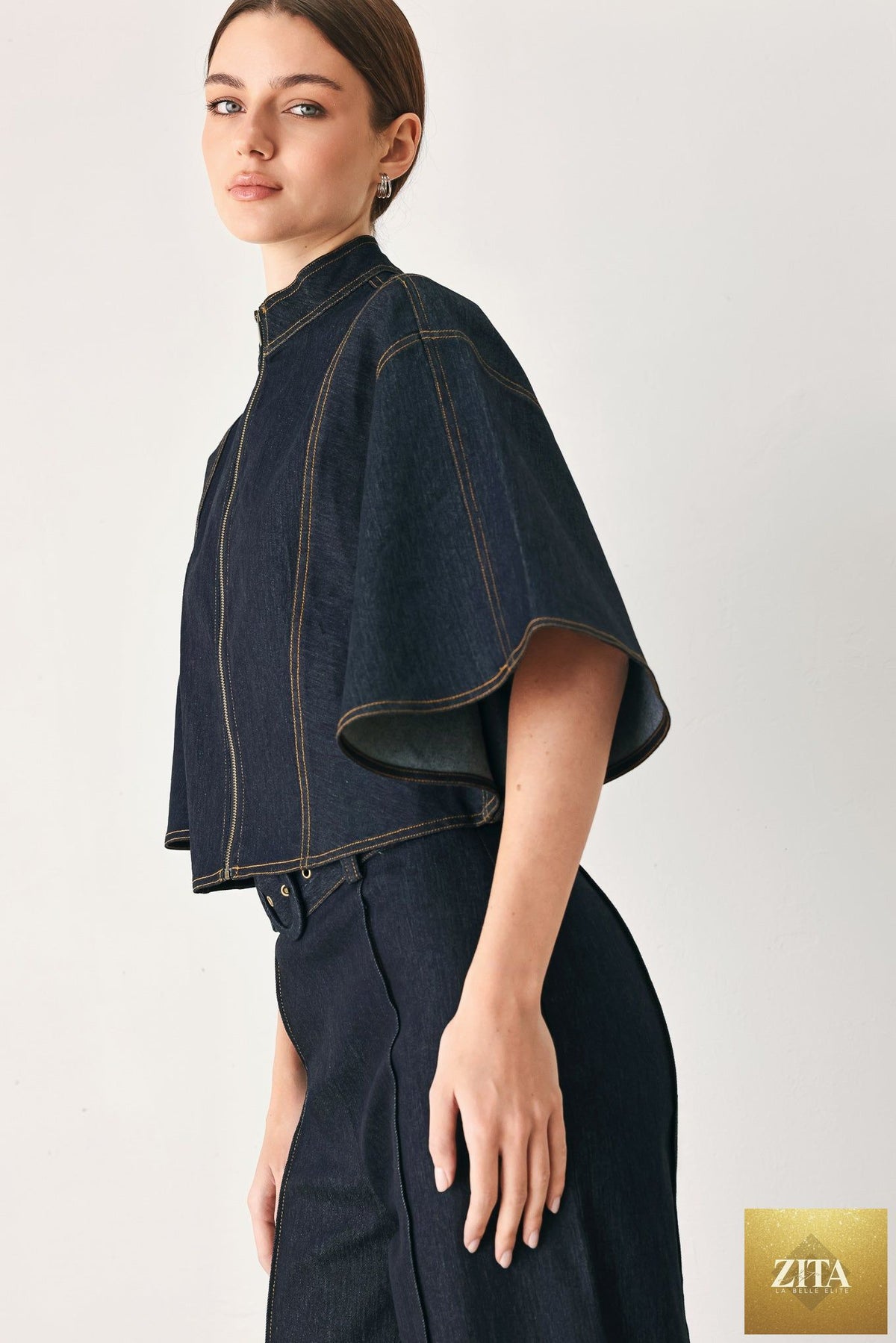 URBAN STITCH WIDE SLEEVE DENIM CAPELET TOP