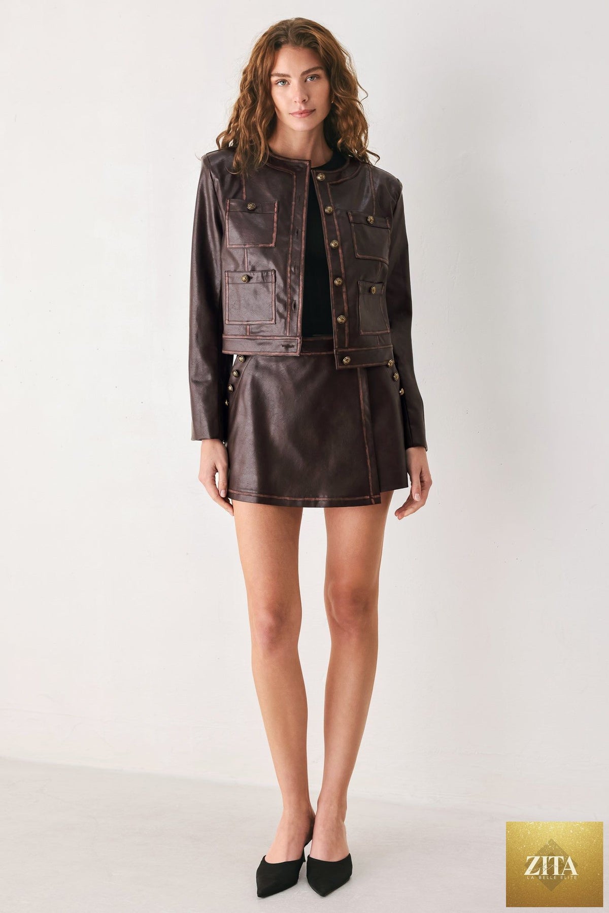 SADDLE STREET BROWN FAUX LEATHER CROPPED JACKET