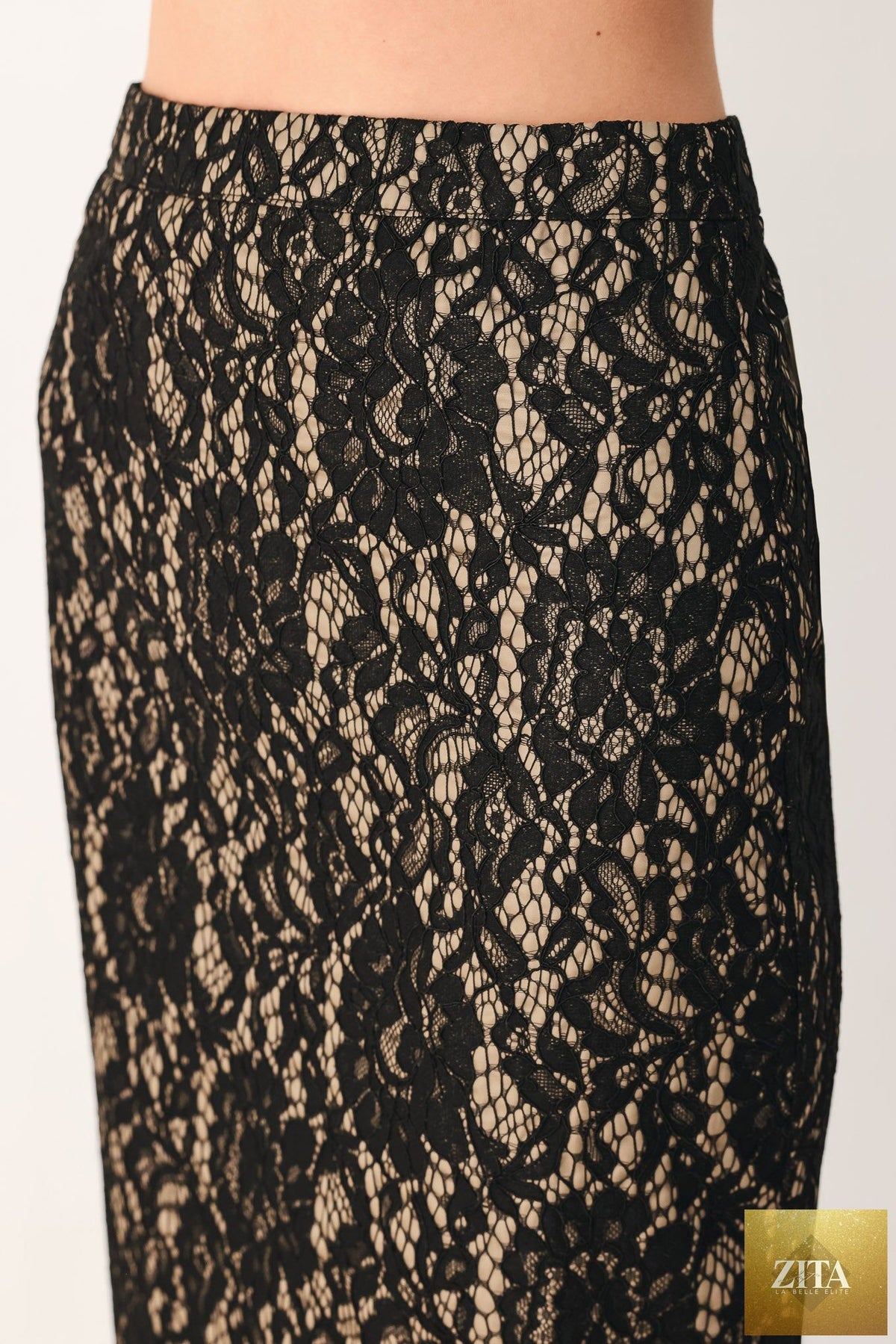 LACE THEORY BLACK LACE PENCIL MIDI SKIRT