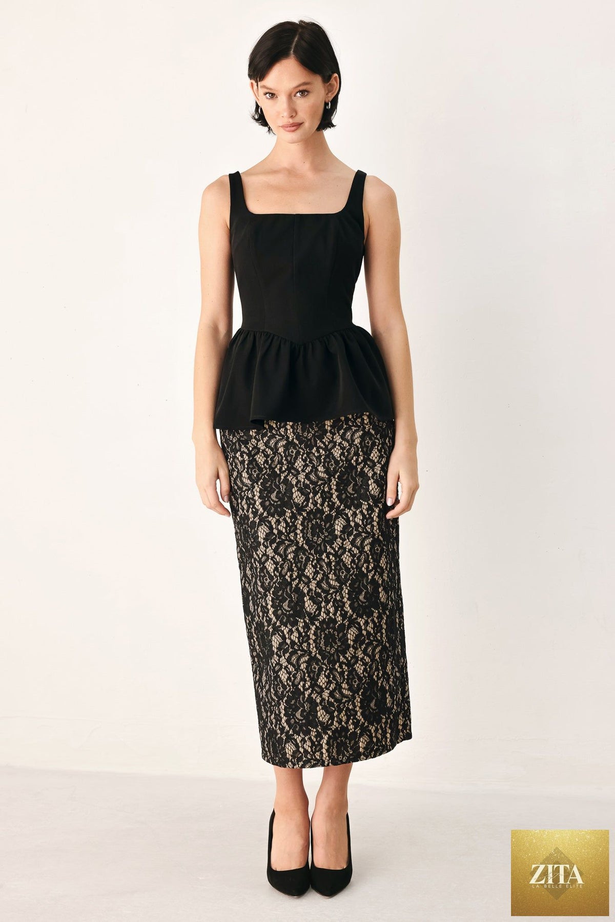 LACE THEORY BLACK LACE PENCIL MIDI SKIRT