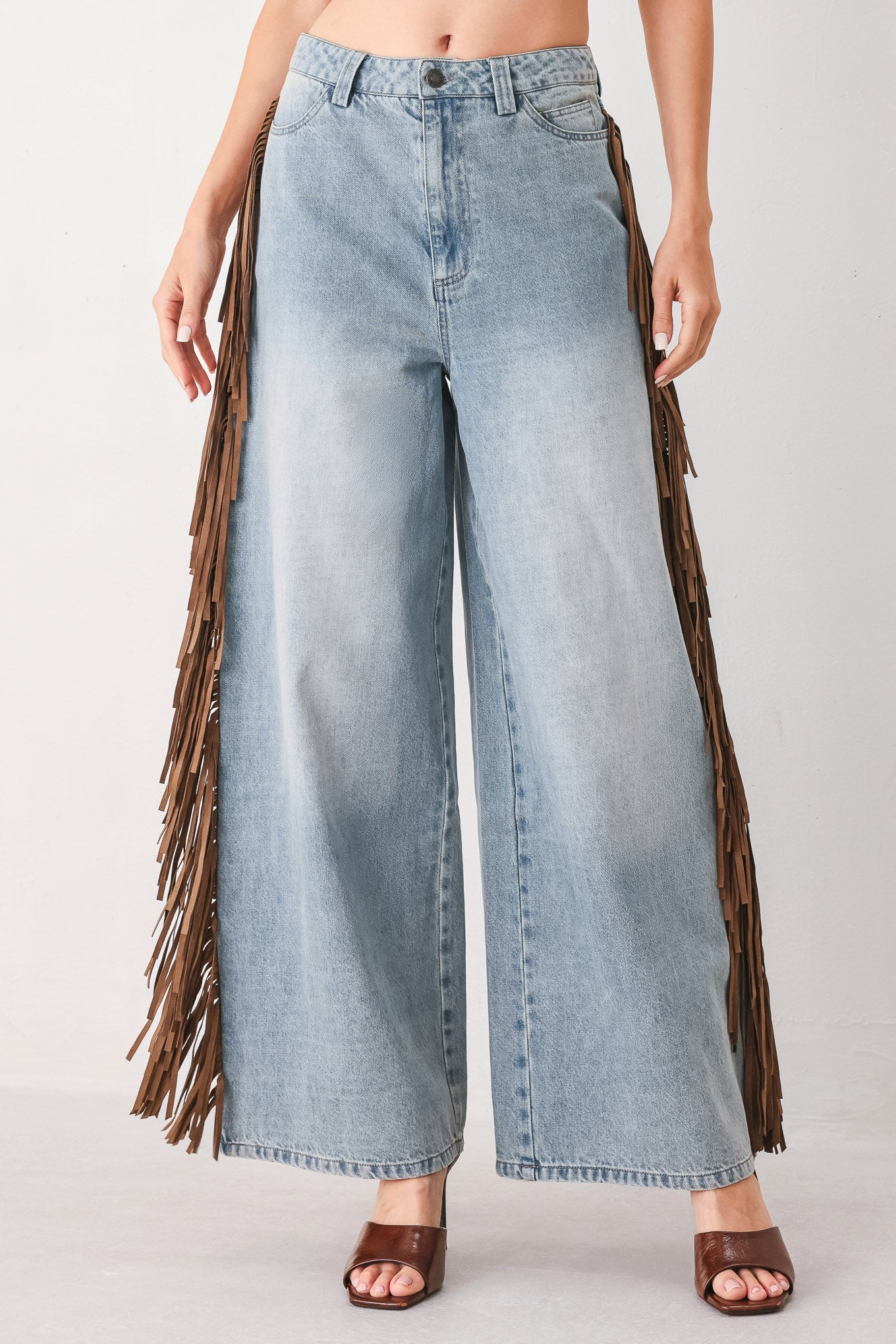 Light washed brown denim pants by Flying Tomato, Nashville Side Washed Denim Pants, shown on a model.