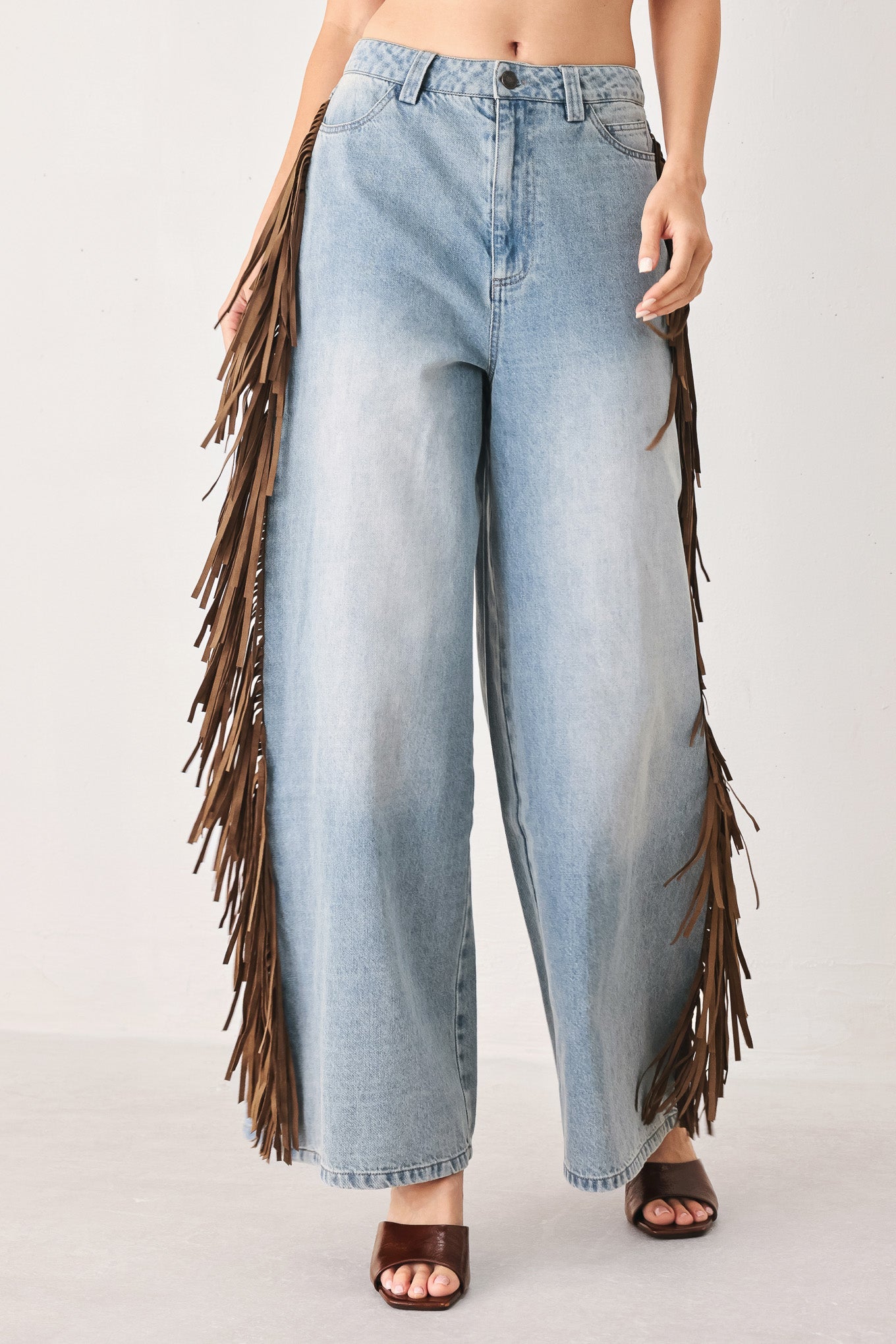 Flying Tomato Nashville side washed denim pants in light brown, showing the relaxed fit and classic jean details.