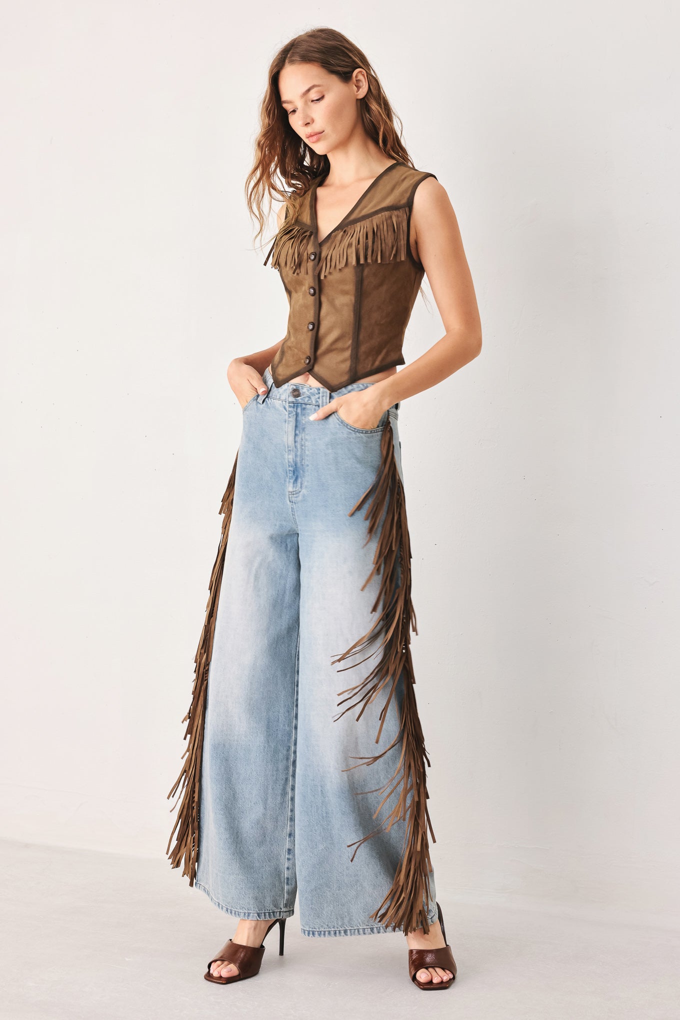 Flying Tomato Nashville side washed denim pants in light brown with a relaxed fit and classic denim styling.