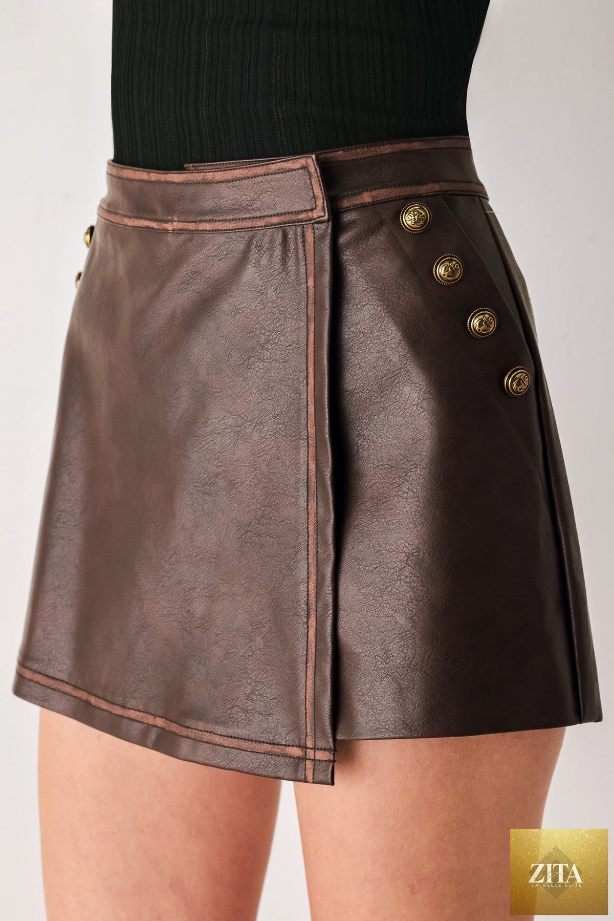 SADDLE STREET BROWN FAUX LEATHER WRAP SKORT