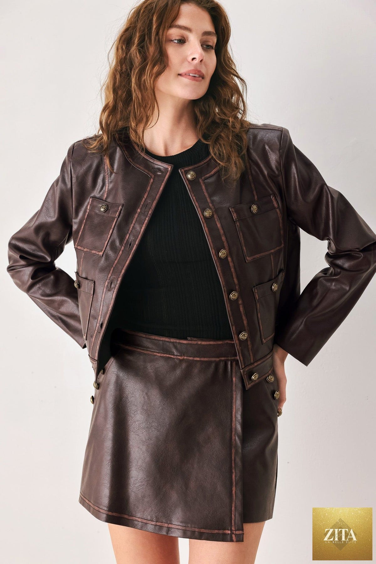 SADDLE STREET BROWN FAUX LEATHER WRAP SKORT