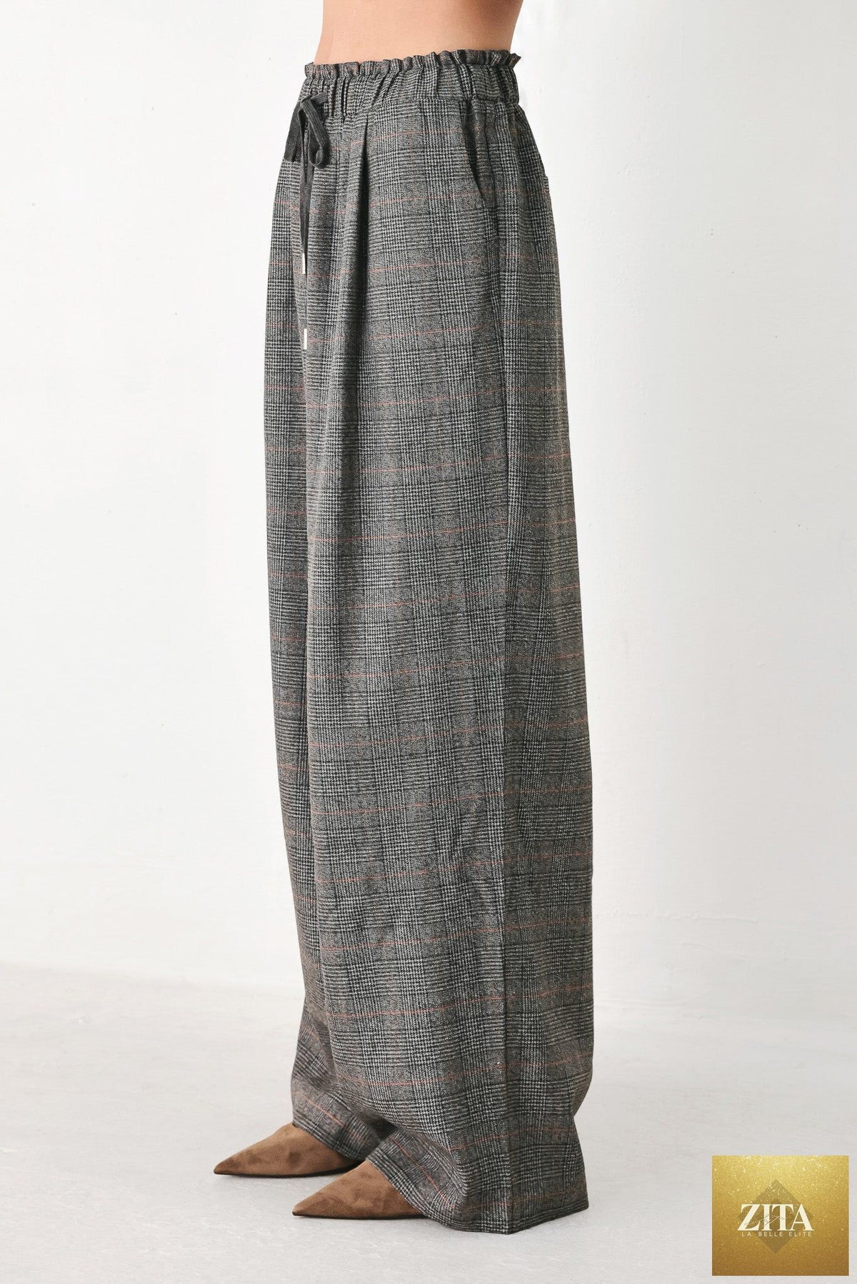 OFF THE CLOCK PLAID DRAWSTRING WIDE LEG PANTS