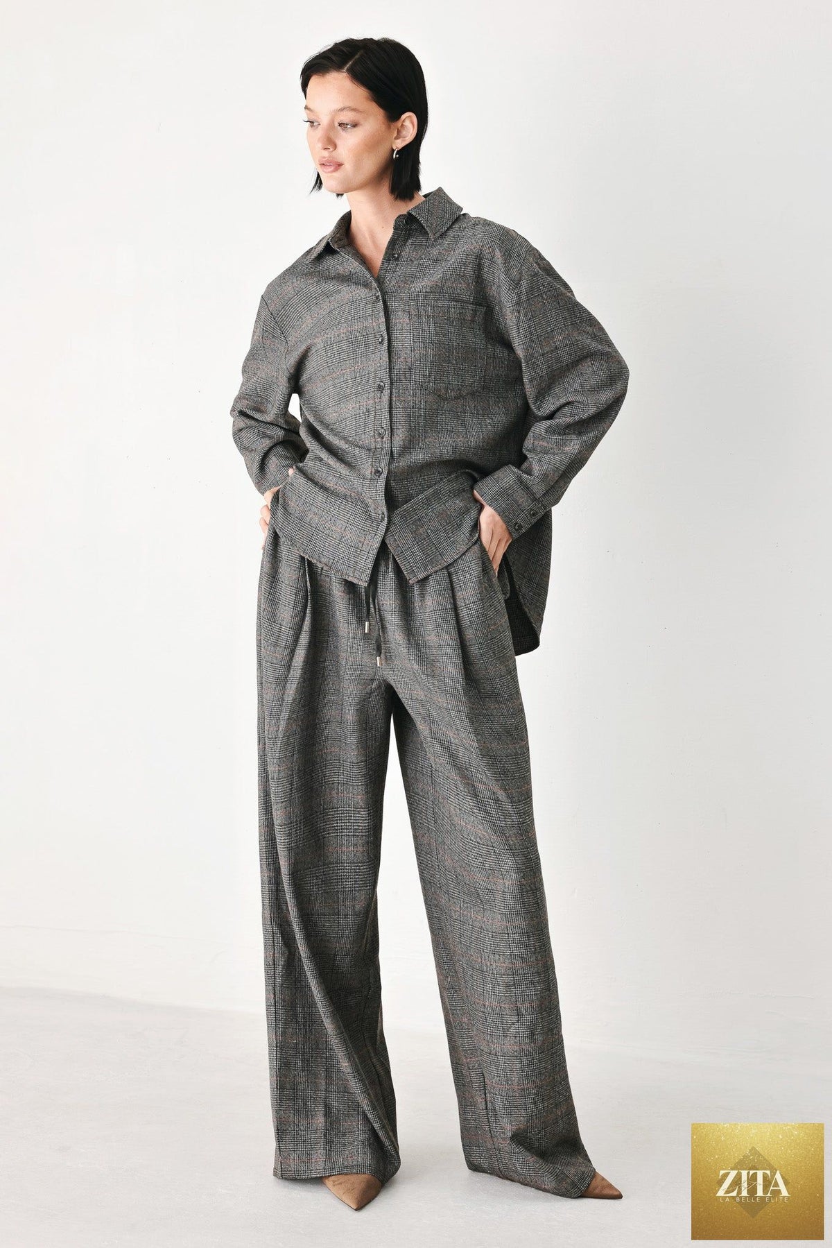 OFF THE CLOCK PLAID DRAWSTRING WIDE LEG PANTS