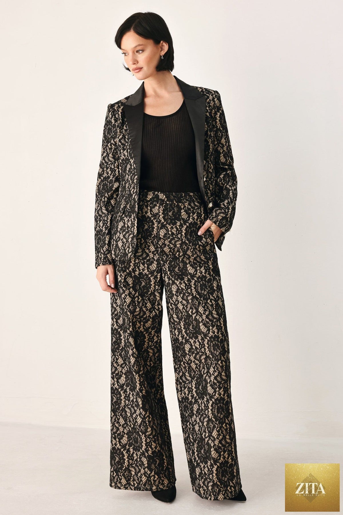 LACE THEORY BLACK/CAMEL LACE WIDE-LEG PANTS
