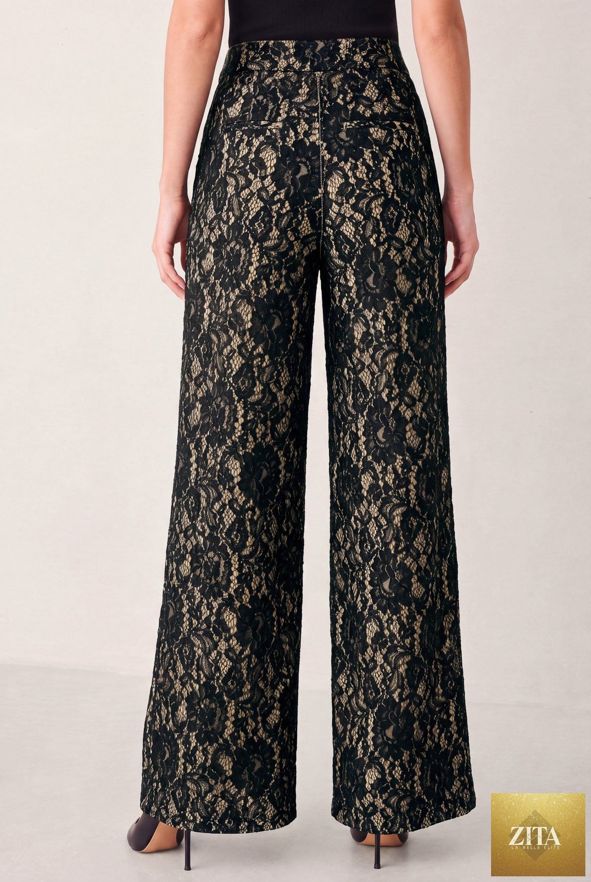 LACE THEORY BLACK/CAMEL LACE WIDE-LEG PANTS