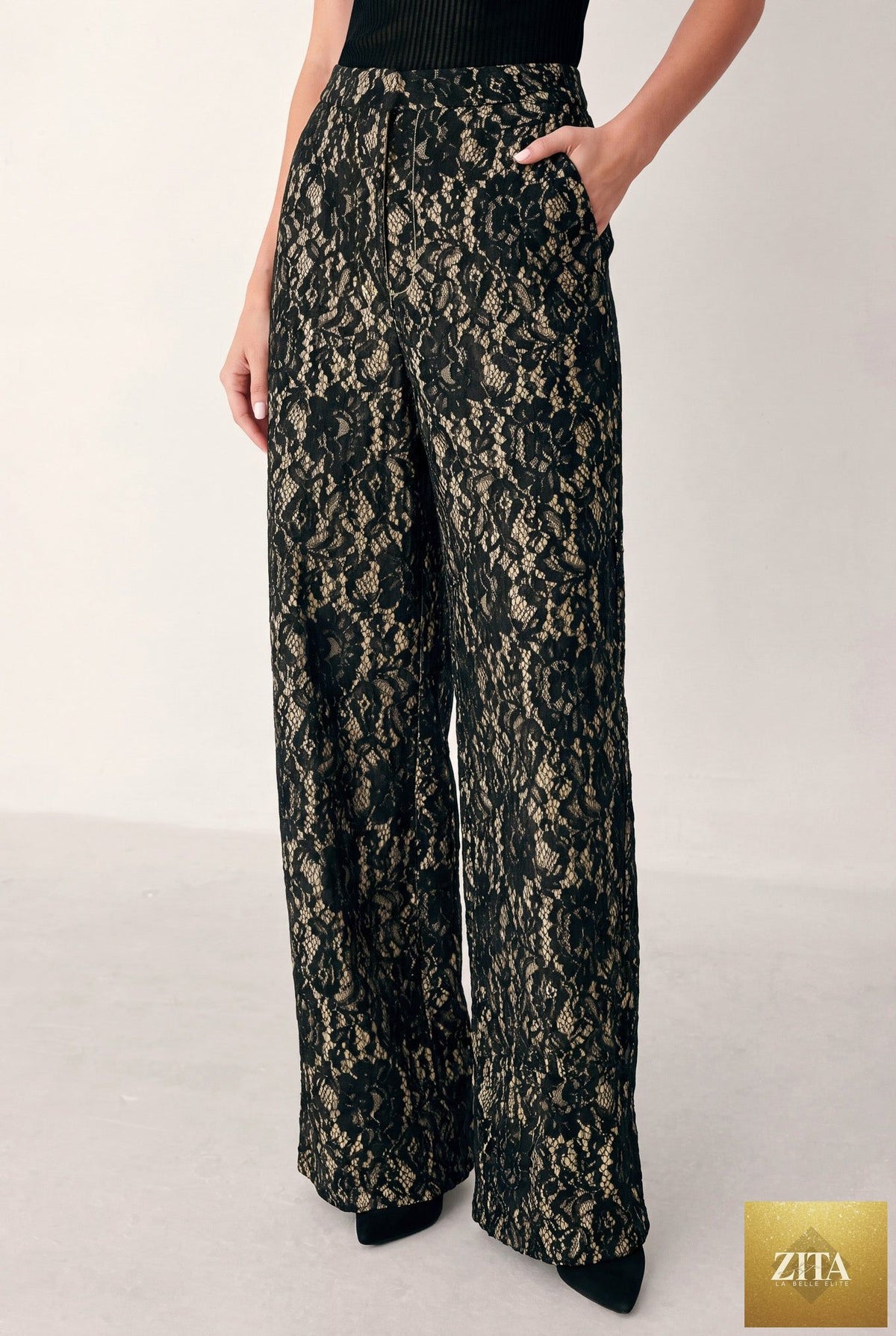 LACE THEORY BLACK/CAMEL LACE WIDE-LEG PANTS