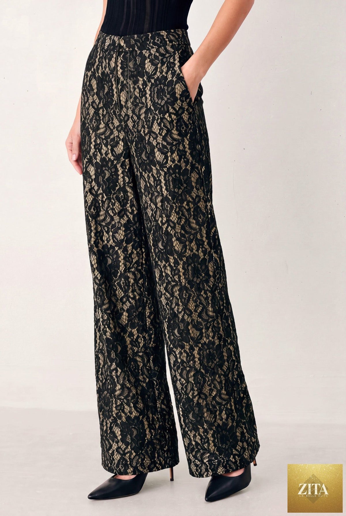 LACE THEORY BLACK/CAMEL LACE WIDE-LEG PANTS