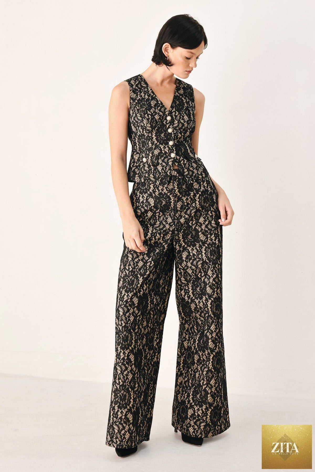 LACE THEORY BLACK/CAMEL LACE WIDE-LEG PANTS