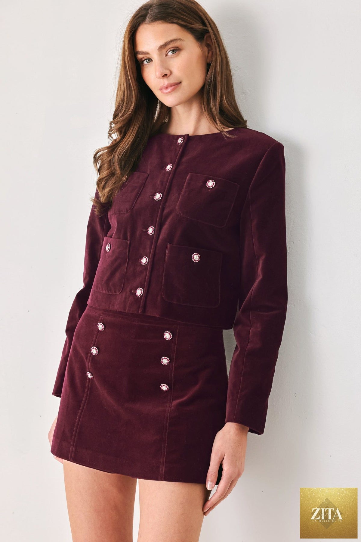 BORDEAUX VELVET BURGUNDY BUTTON-DETAIL SKORT