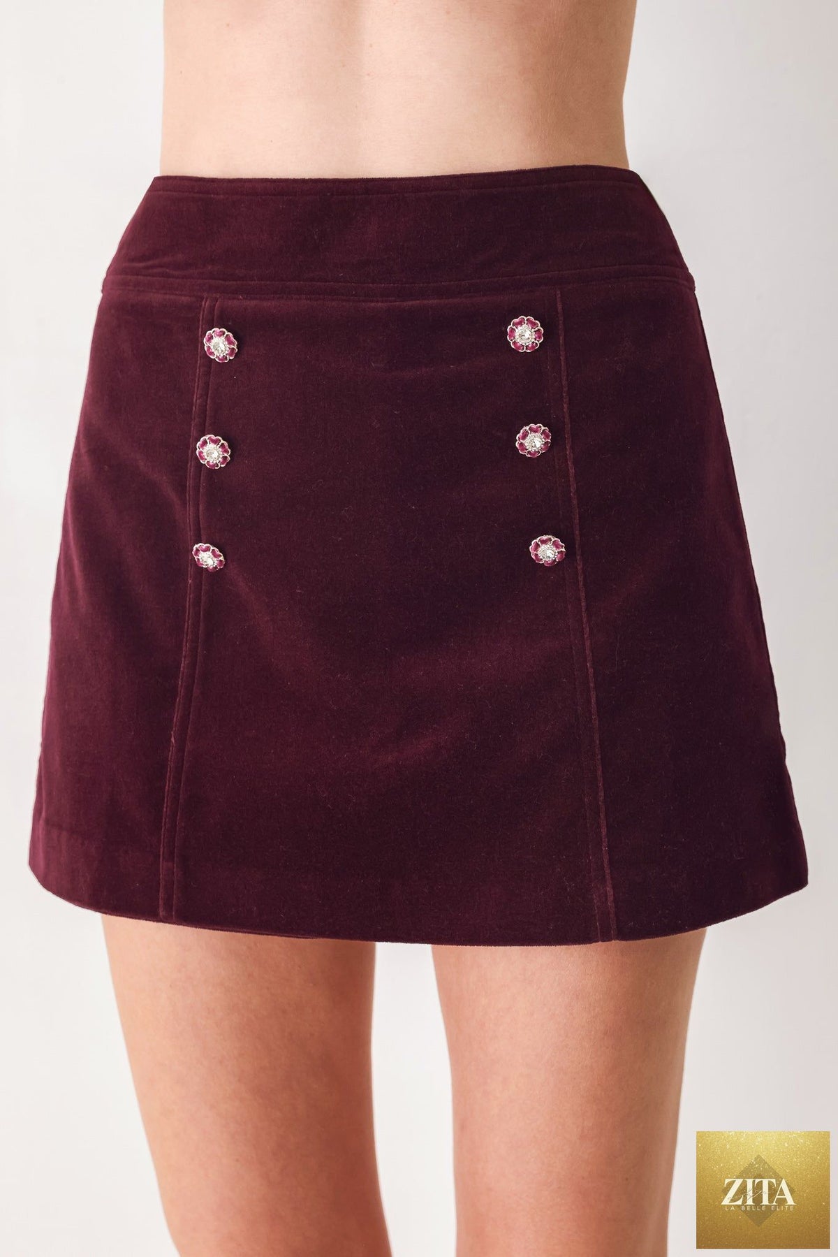 BORDEAUX VELVET BURGUNDY BUTTON-DETAIL SKORT
