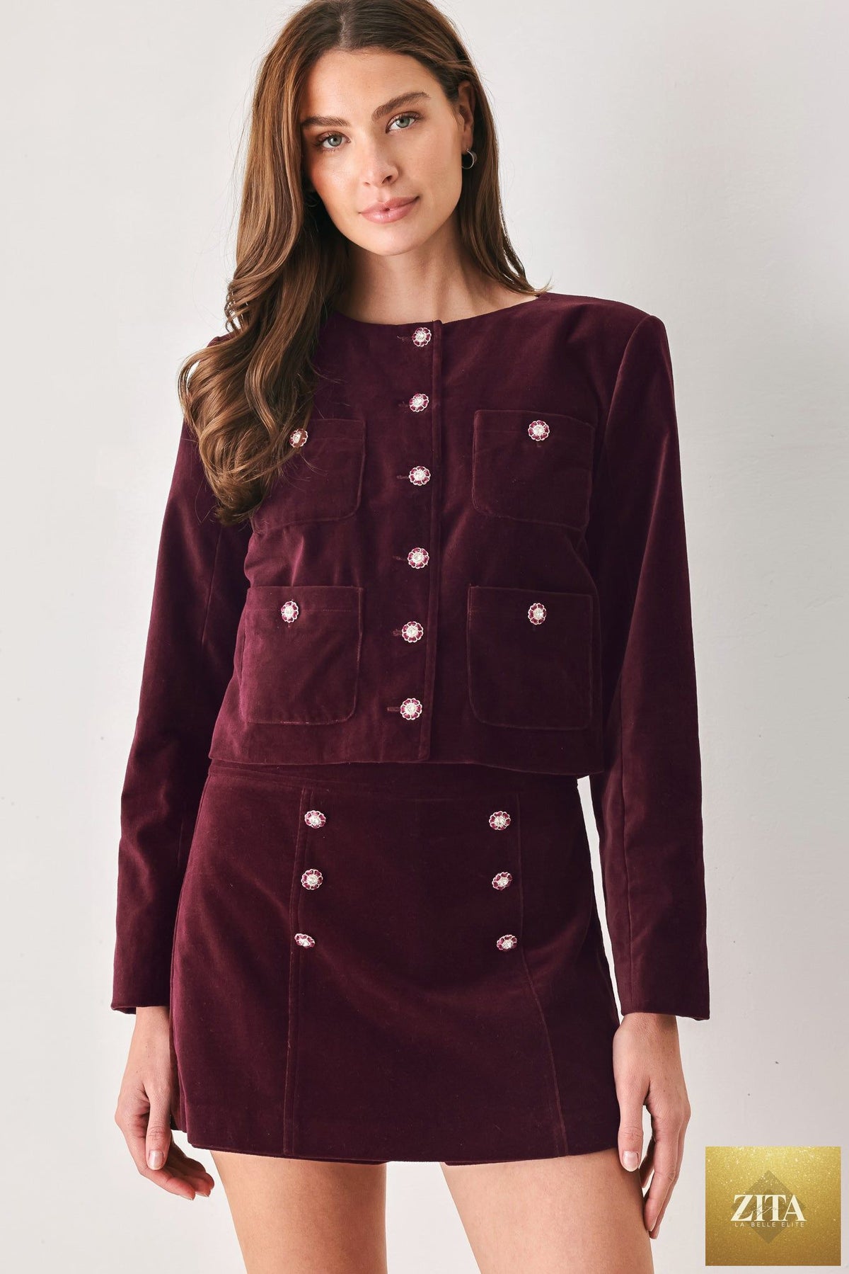 BORDEAUX VELVET BURGUNDY BUTTON-DETAIL SKORT