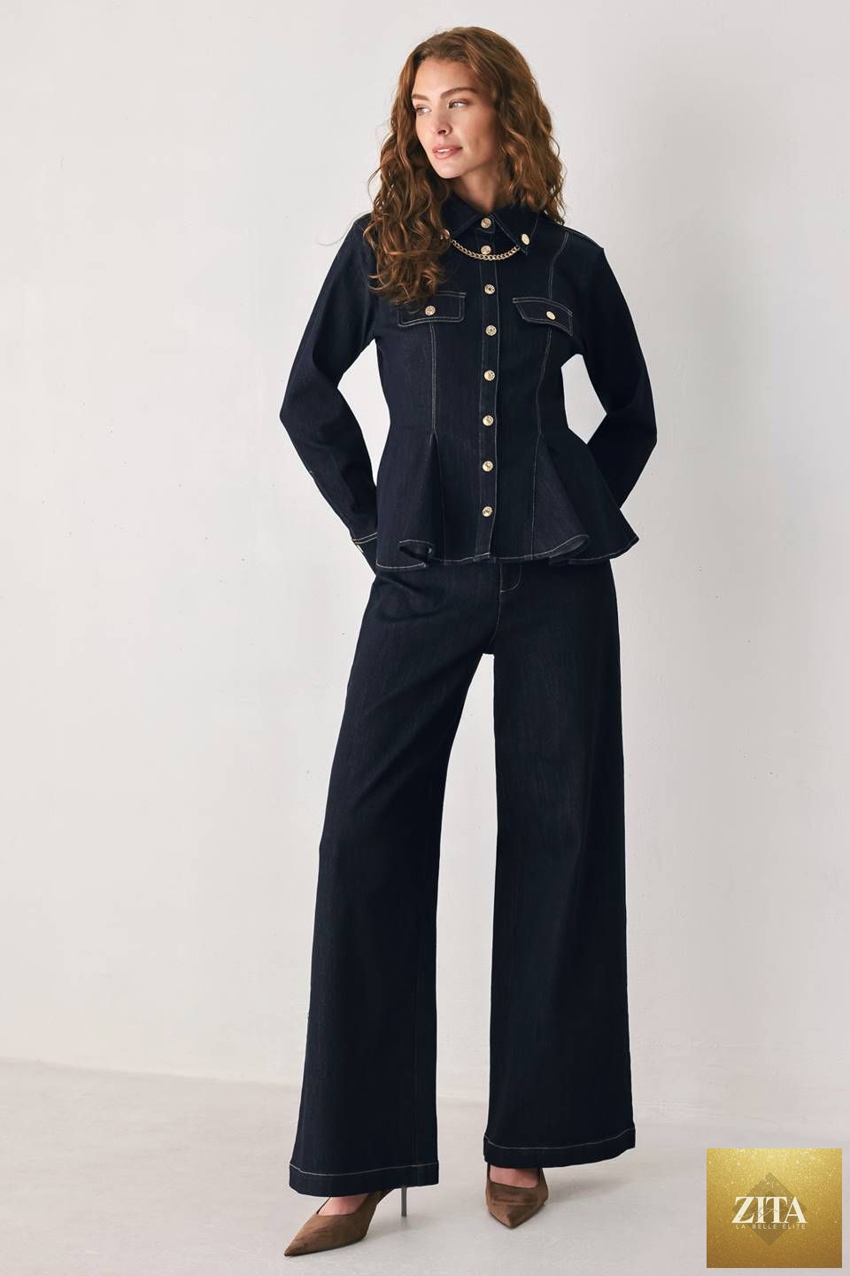 INDIGO ICON DARK INDIGO BUTTON-DETAIL WIDE-LEG JEANS