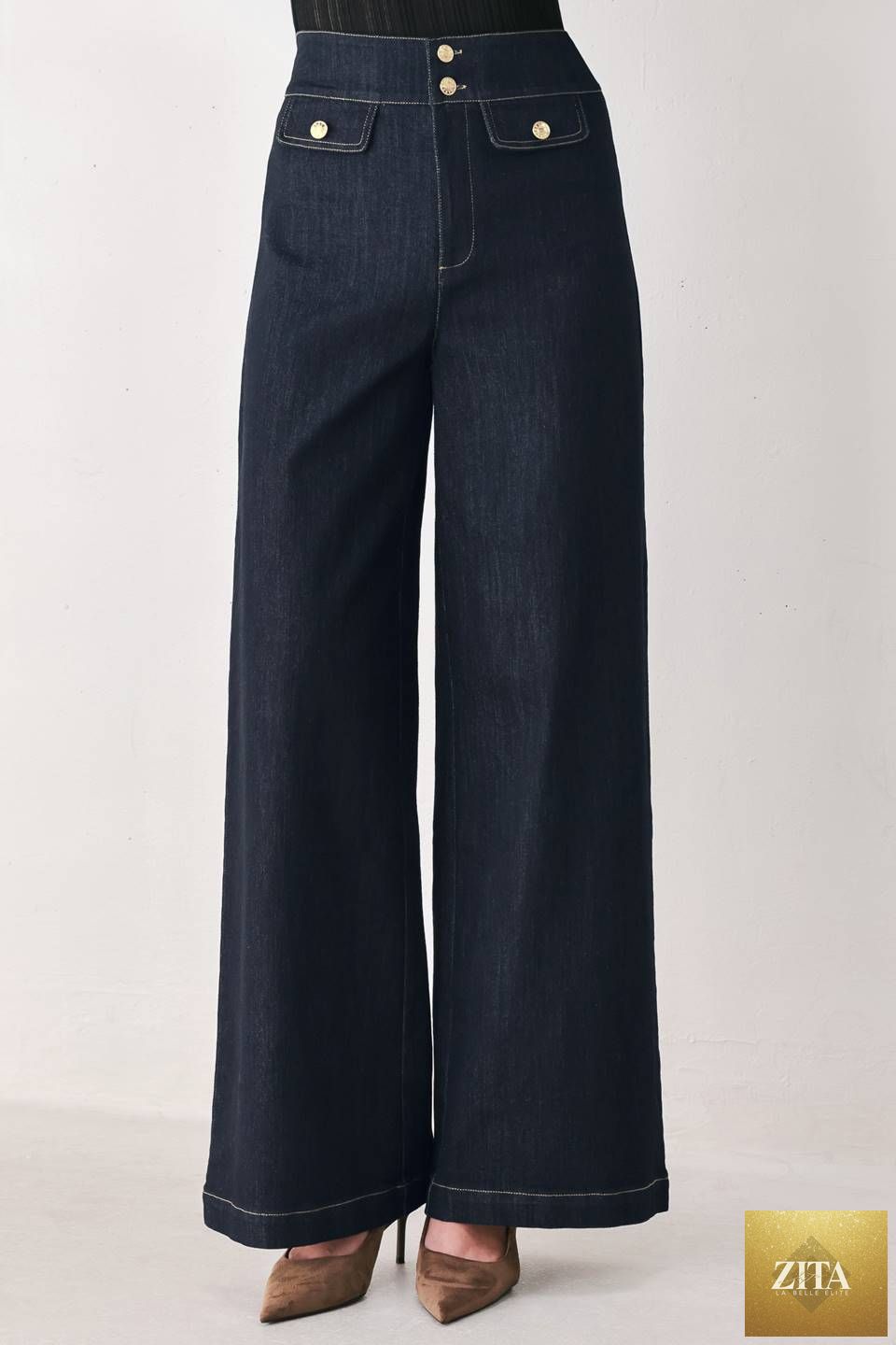 INDIGO ICON DARK INDIGO BUTTON-DETAIL WIDE-LEG JEANS