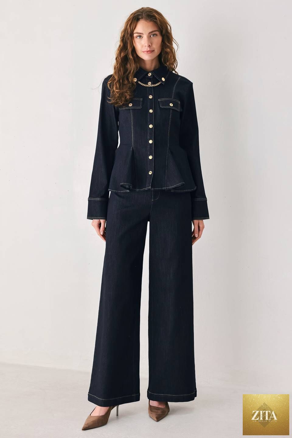 INDIGO ICON DARK INDIGO BUTTON-DETAIL WIDE-LEG JEANS