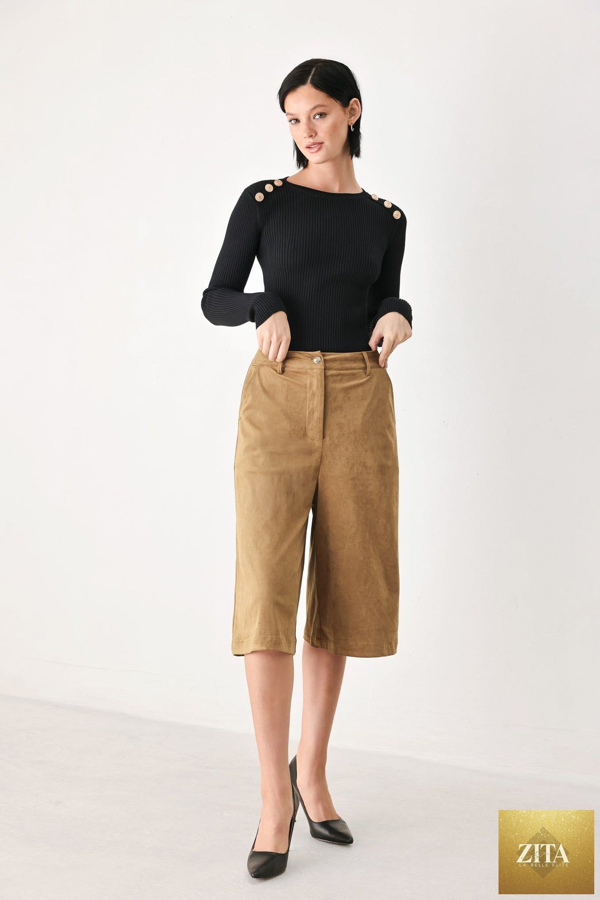 DESERT MOD CAMEL FAUX SUEDE BERMUDA PANTS