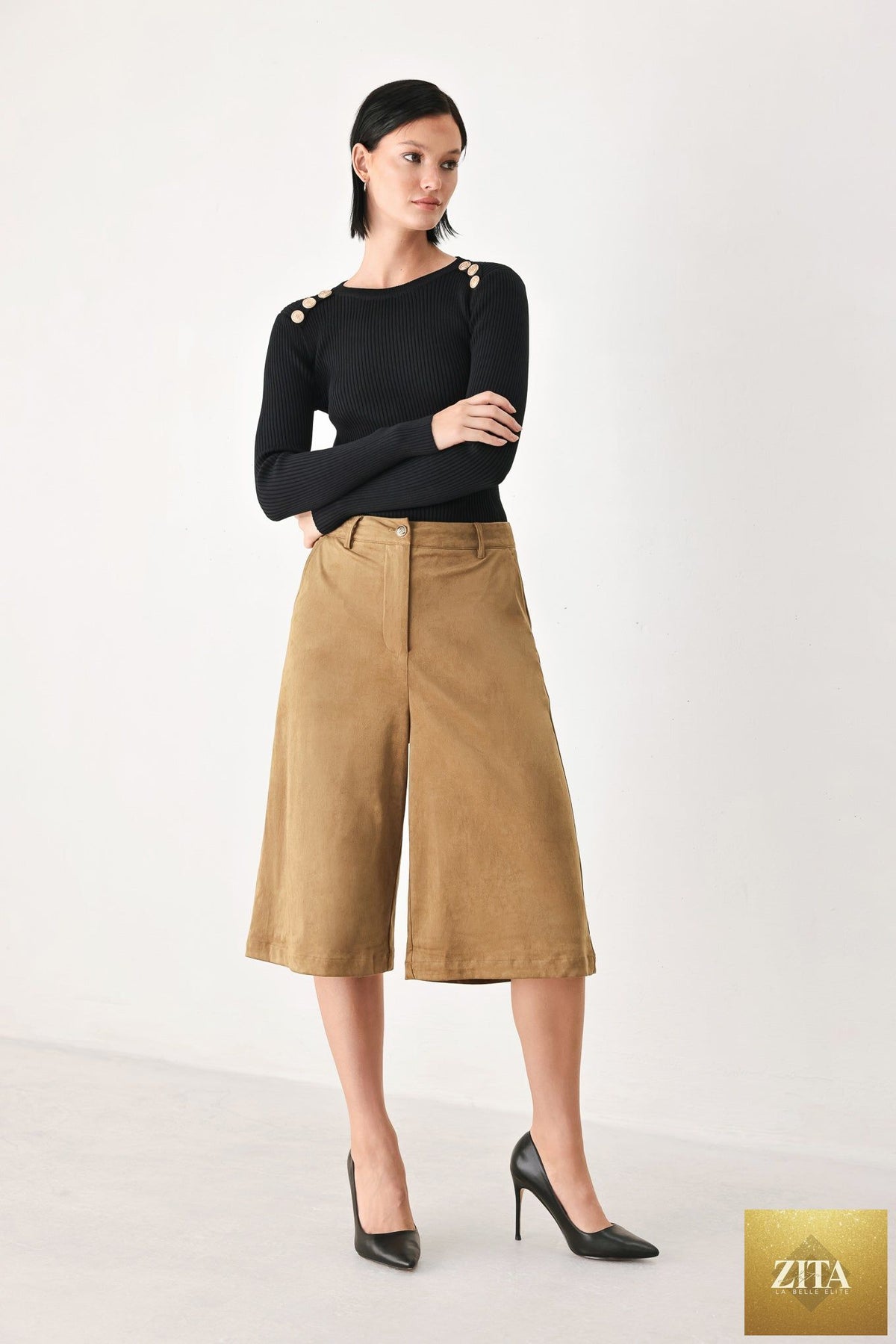 DESERT MOD CAMEL FAUX SUEDE BERMUDA PANTS