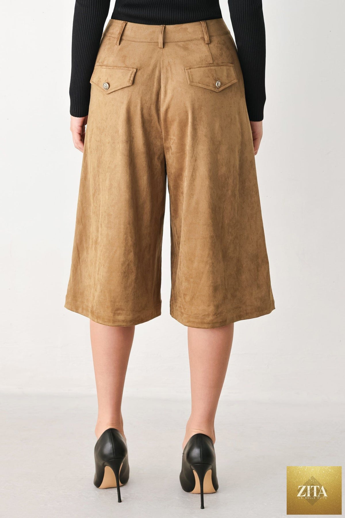 DESERT MOD CAMEL FAUX SUEDE BERMUDA PANTS