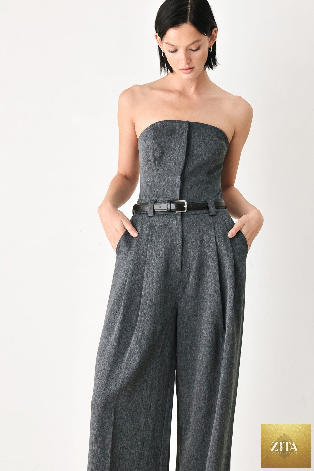 POWER HOUR STRAPLESS BELTED JUMPSUIT