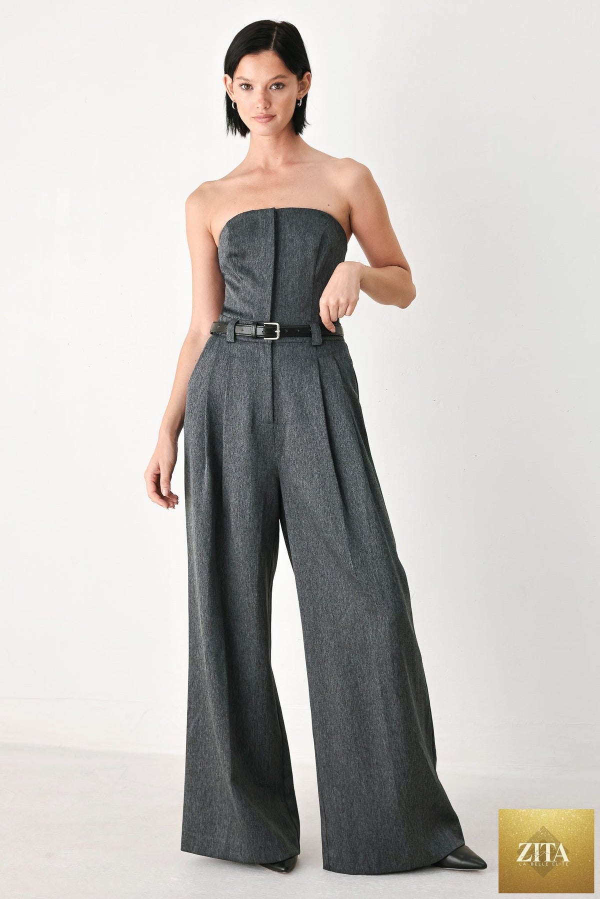 POWER HOUR STRAPLESS BELTED JUMPSUIT