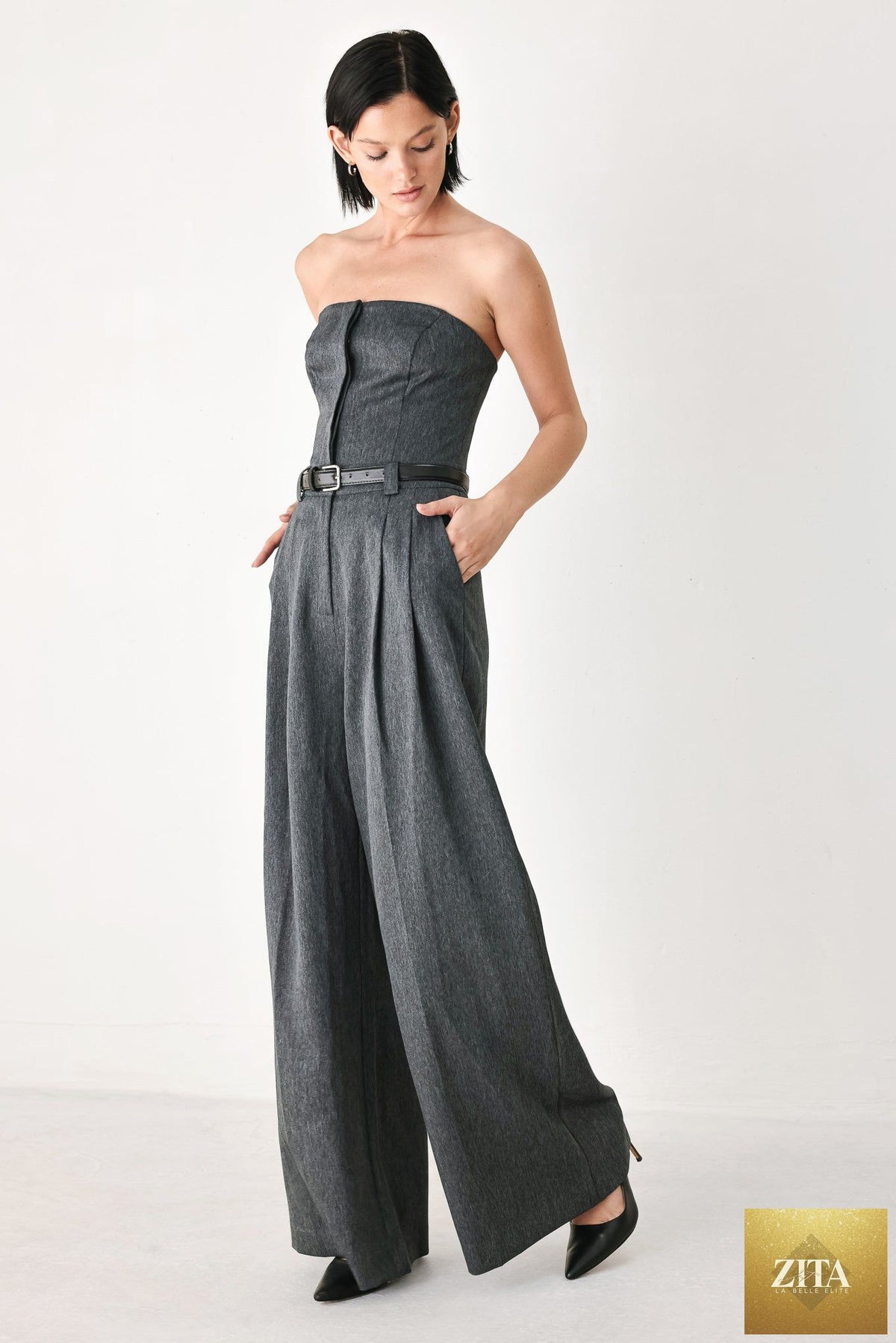 POWER HOUR STRAPLESS BELTED JUMPSUIT