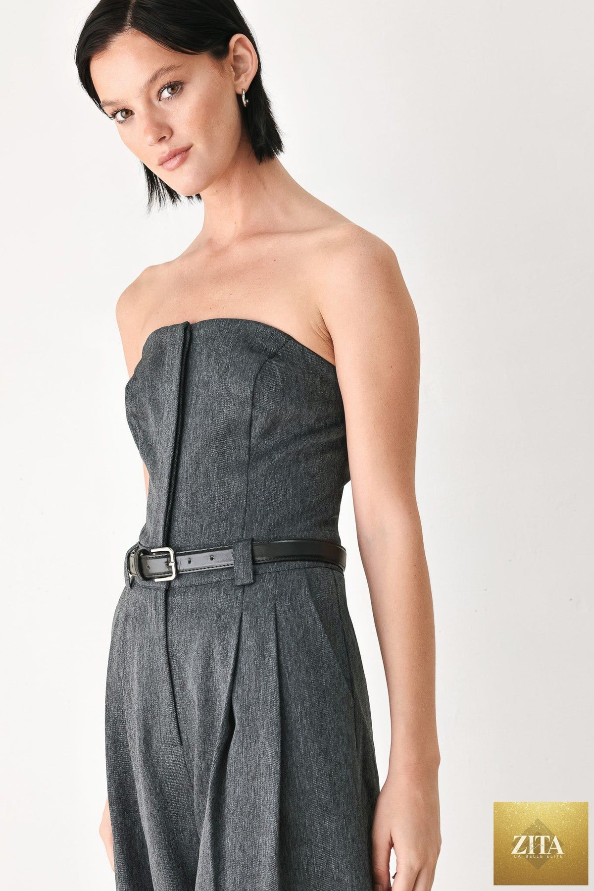POWER HOUR STRAPLESS BELTED JUMPSUIT