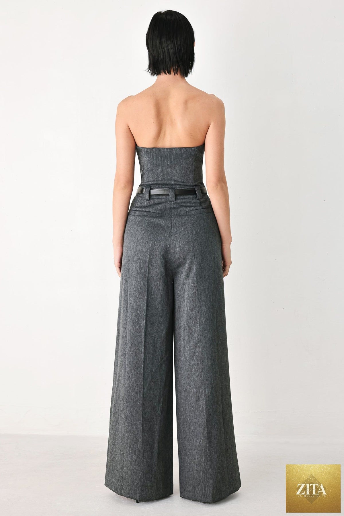 POWER HOUR STRAPLESS BELTED JUMPSUIT
